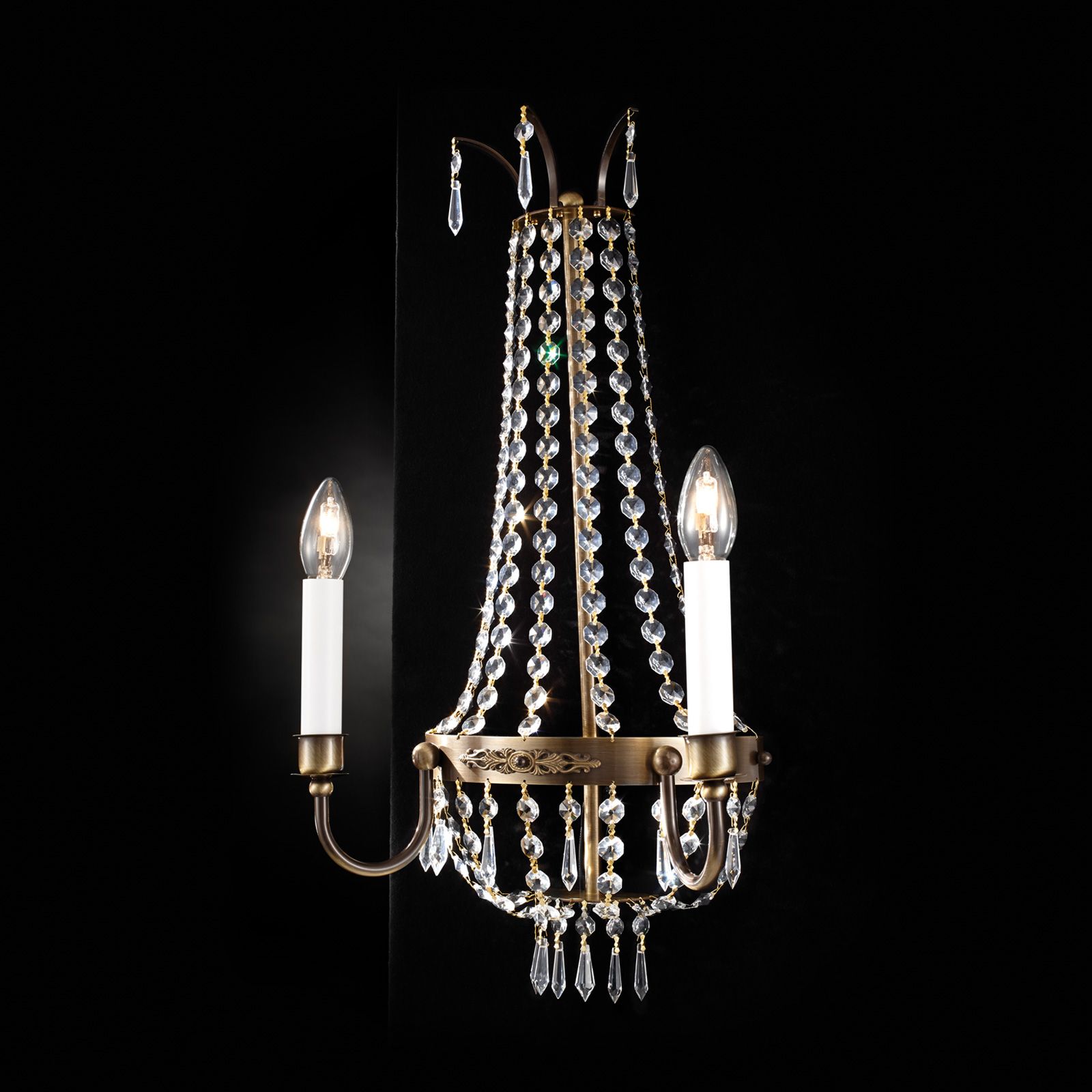 Wall Light EMPIRE CRYSTAL with 2 lampholders, Antique Brass finish