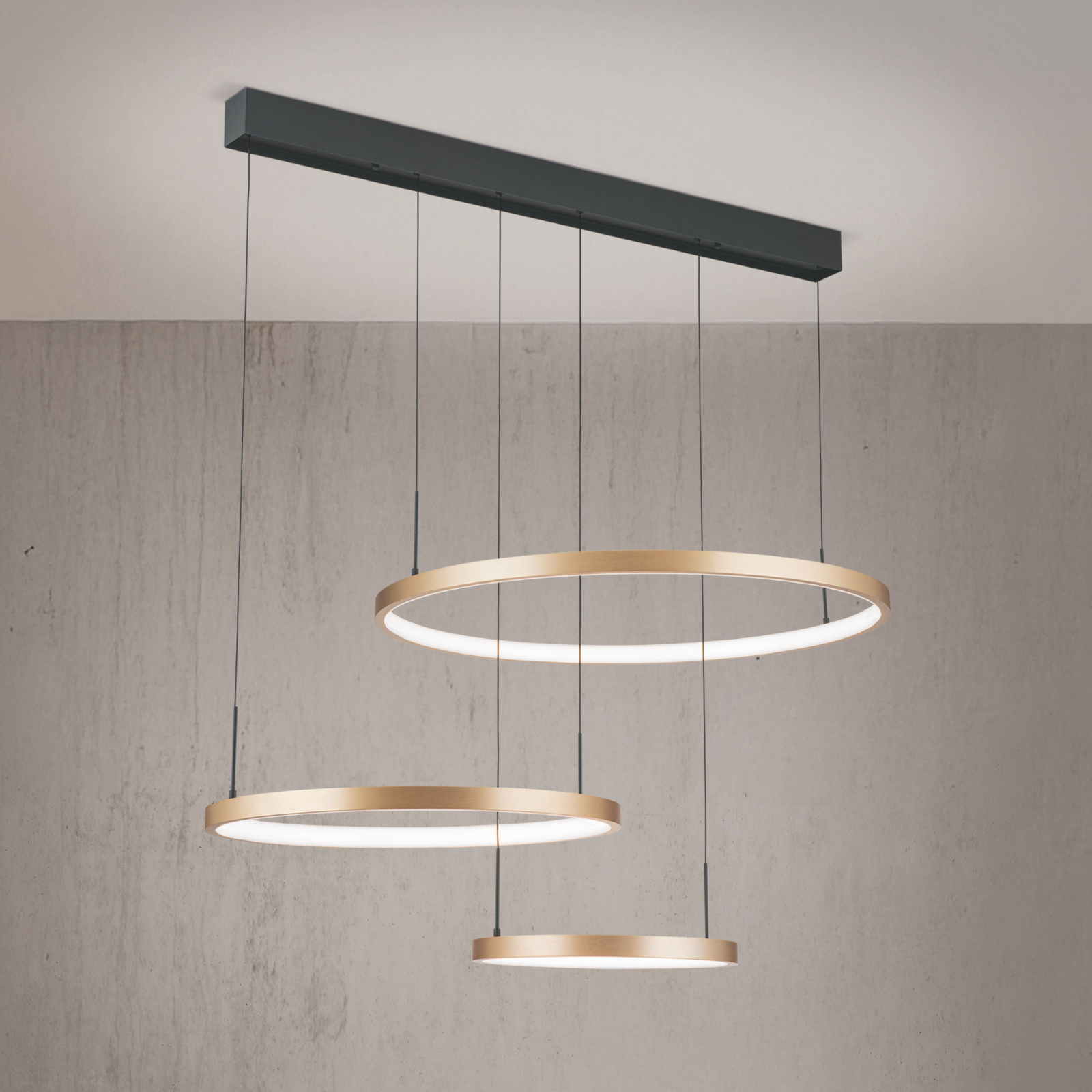LED pendant lamp SPHERE, gold matt, with 3 light rings
