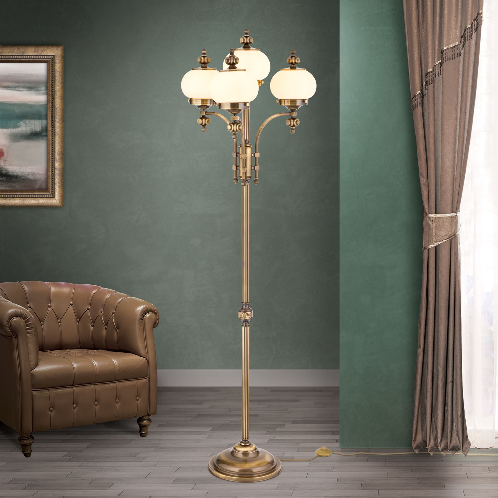 Floor lamp WIENER NOSTALGIE, 4 heads, antique brass finish, champagne coloured glasses