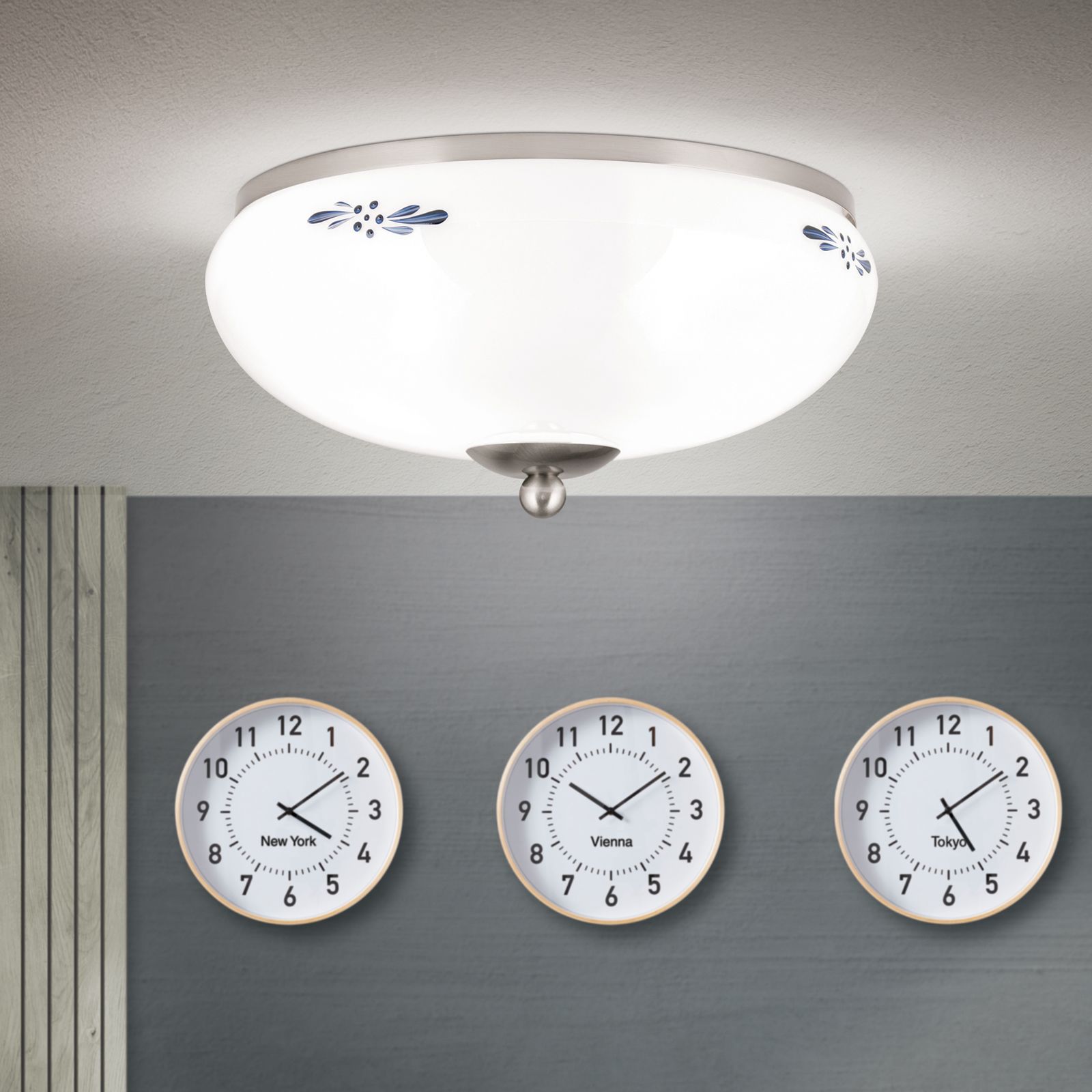 Deckenleuchte LANDHAUS, Satin, mit blauem Dekor, mit Knopf, Ø 28cm