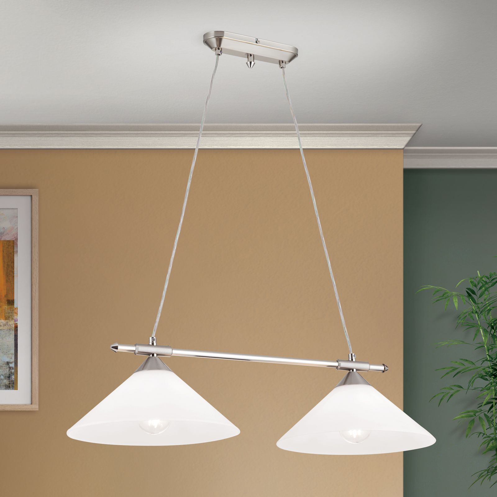 ARTDESIGN double penant lamp, satin chrome finish & opal glass shades