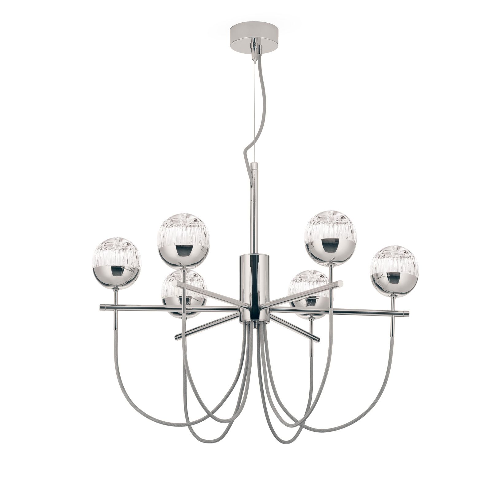 BALL chandelier, 6 lamps, nickel plated with clear crystal glasses with handmade line cut
