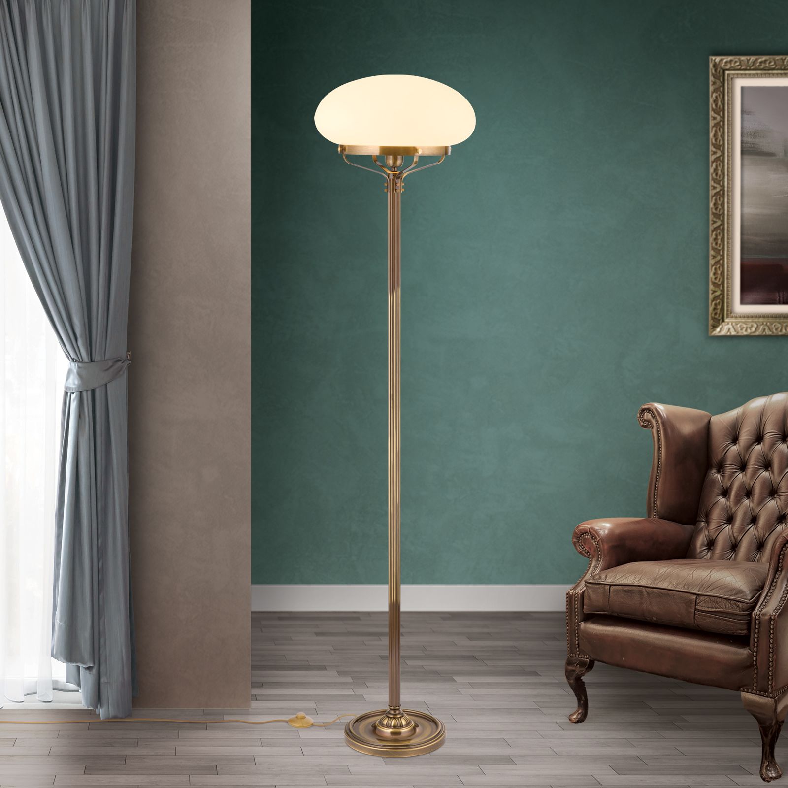 Stehlampe WIENER NOSTALGIE, Patina, mit champagne mattem Glas