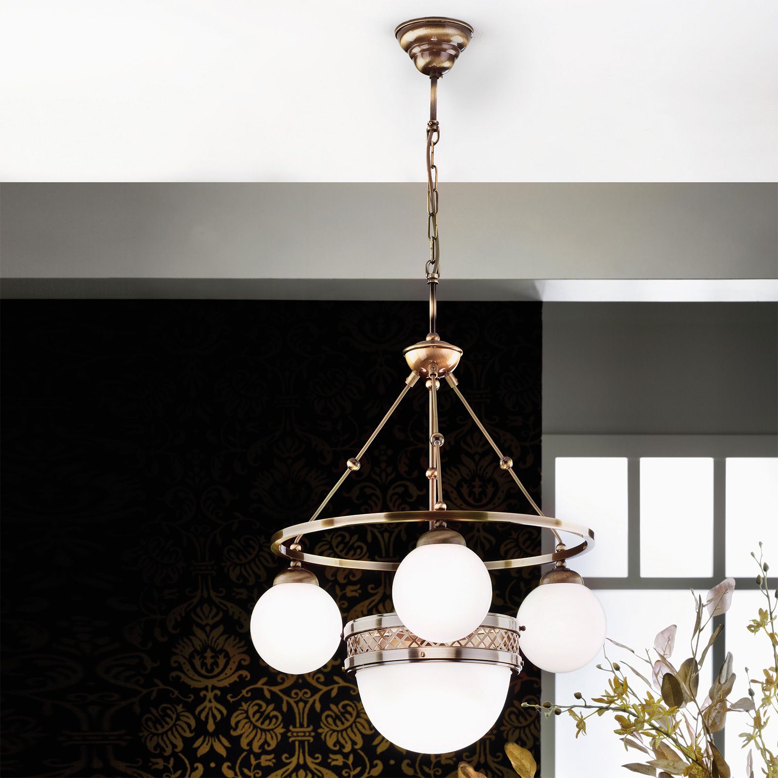 Alt Wien Chandelier, 3+1 shiny opal glasses, Surface Antique Brass