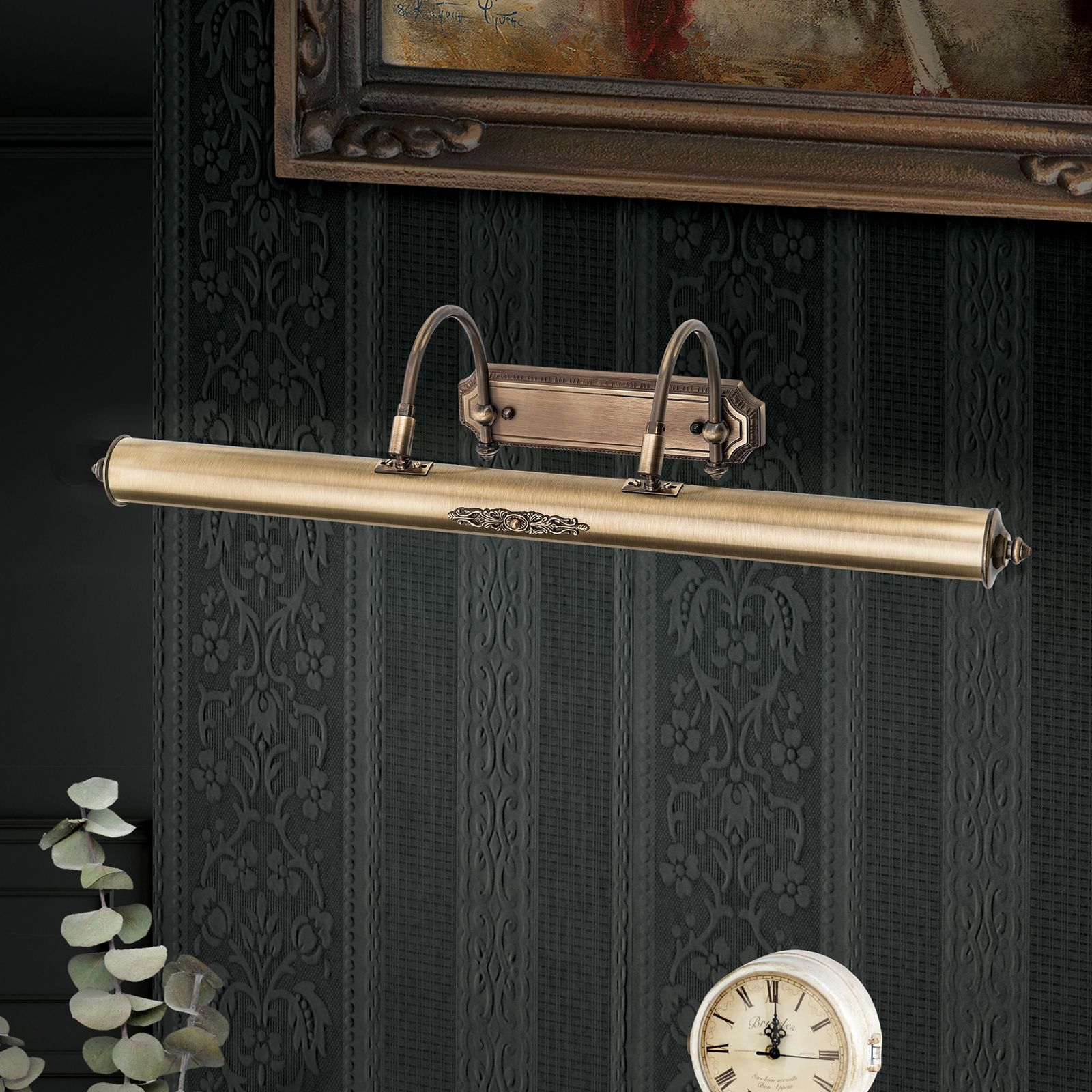 BILDERLEUCHTE with brass decoration, Antique Brass finish, large
