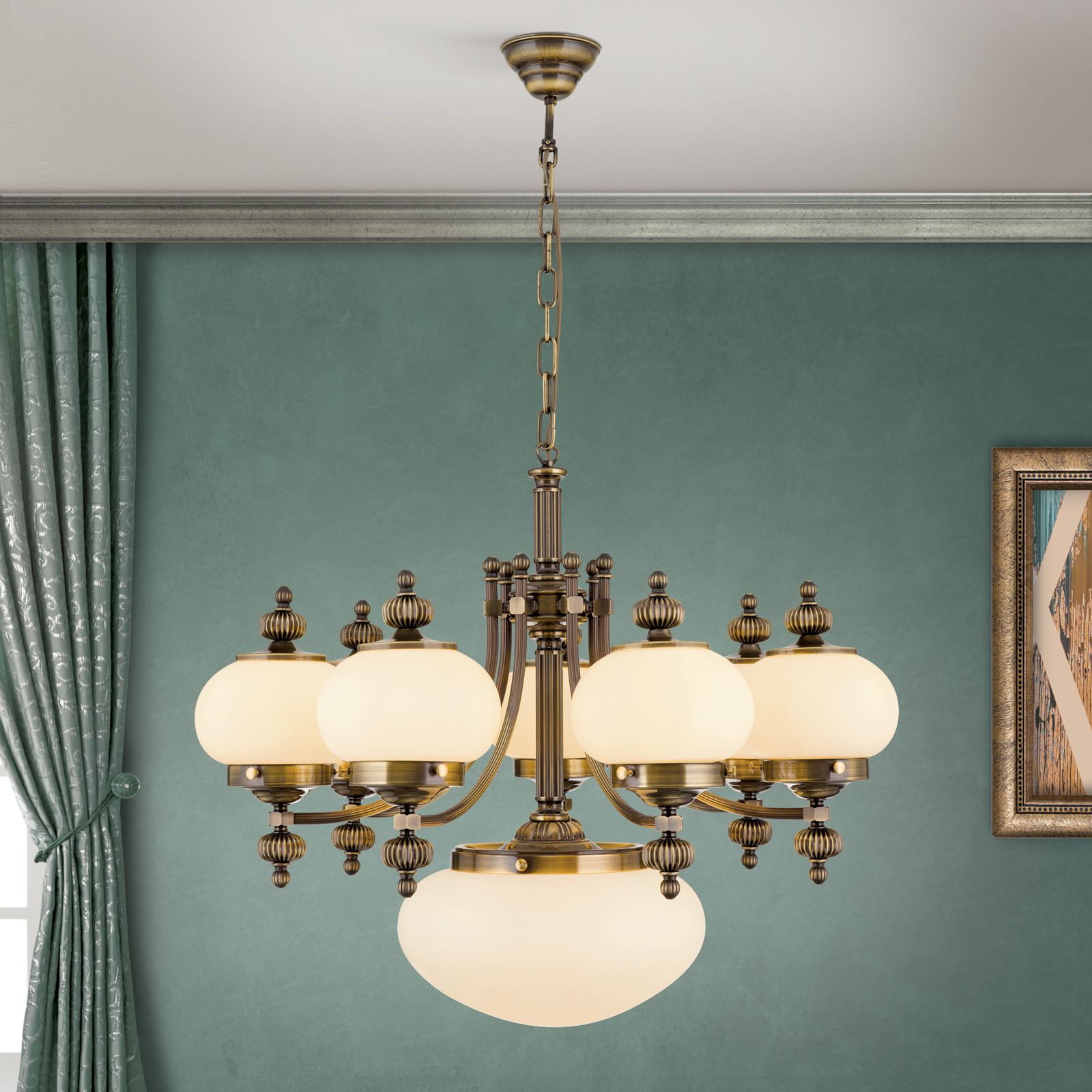 Chandelier WIENER NOSTALGIE, 7+1 lamps, antique brass finish, upwards, champagne coloured glasses
