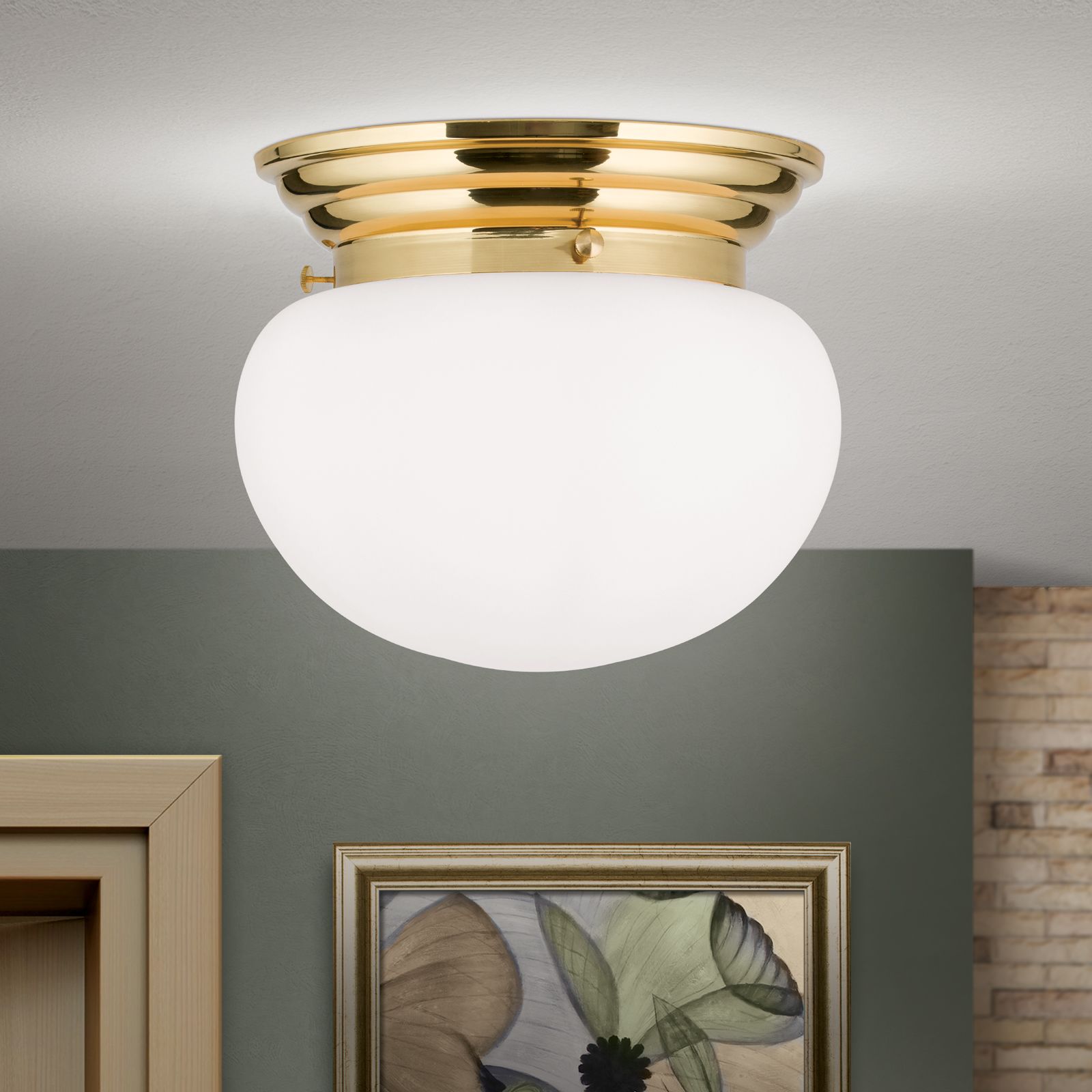 Ceiling light WIENER NOSTALGIE, shiny brass, with opal matt glass, 26cm