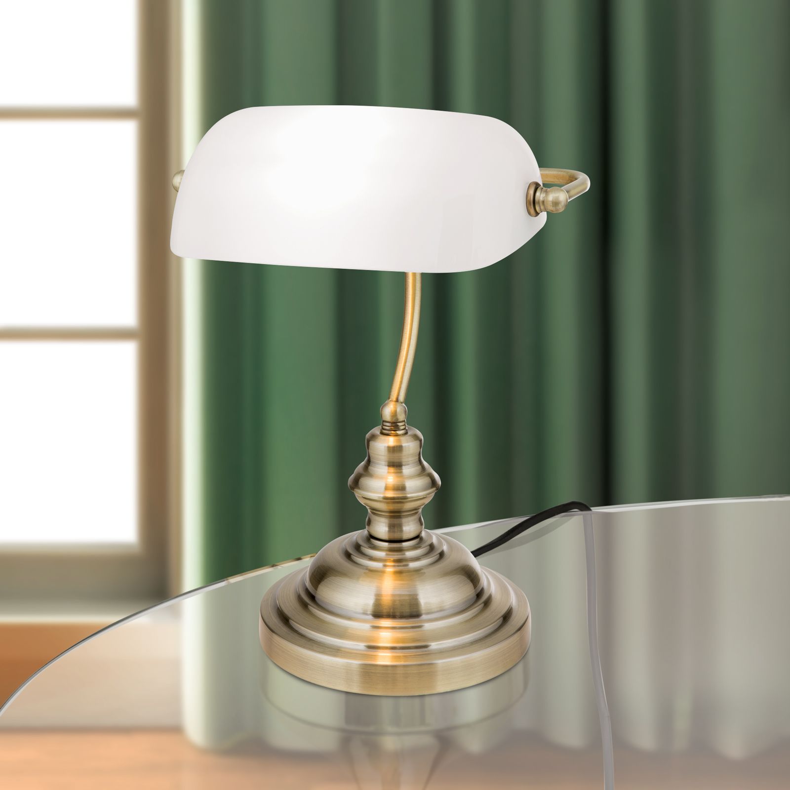 BANKERSLAMP, Patina, mit weißem Glas