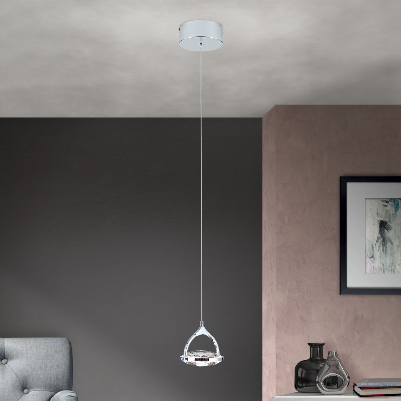 LED pendant lamp MOON, 1-lamp, chrome