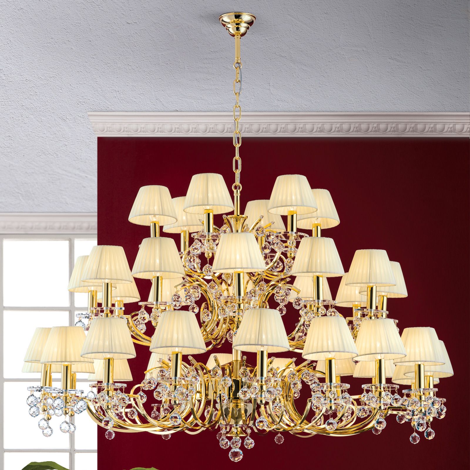 Chandelier KRISTALLDESIGN, 36-flames, gold with champagne-coloured fabric shades