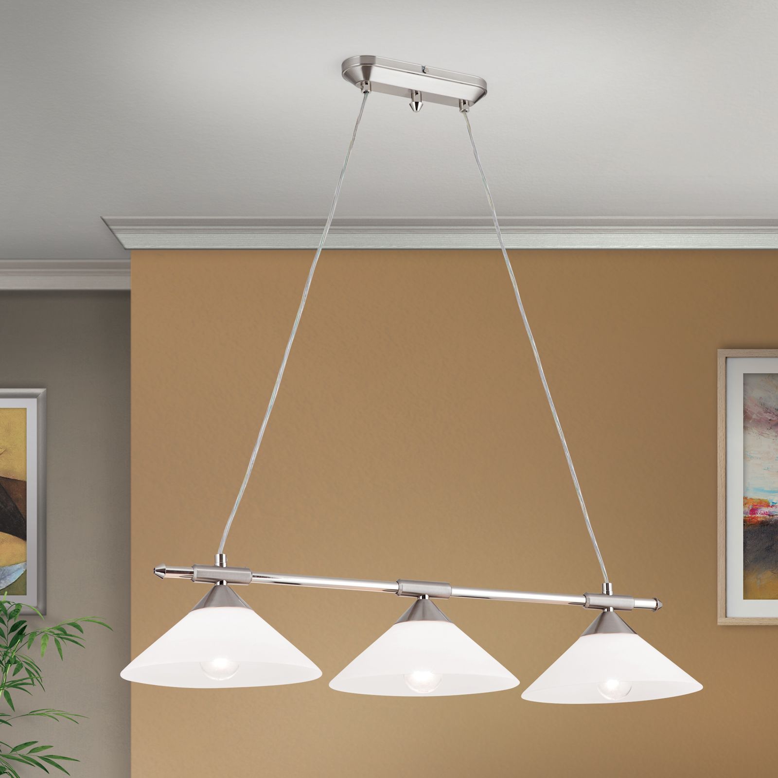 ARTDESIGN triple penant lamp, satin chrome finish & opal glass shades