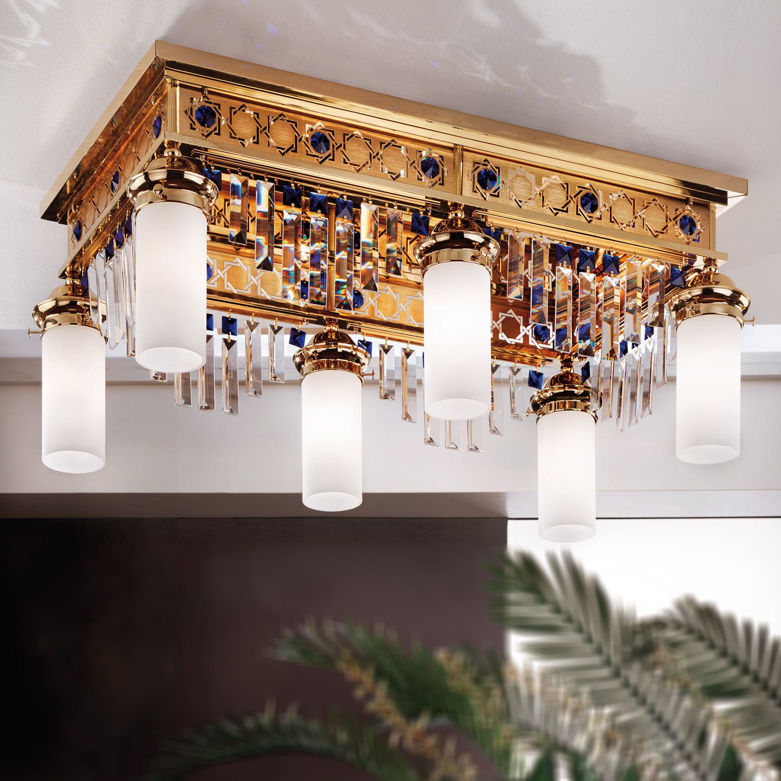 Deckenluster ORIONtal, 6-flammig, Gold, mit blauen Kristallprismen