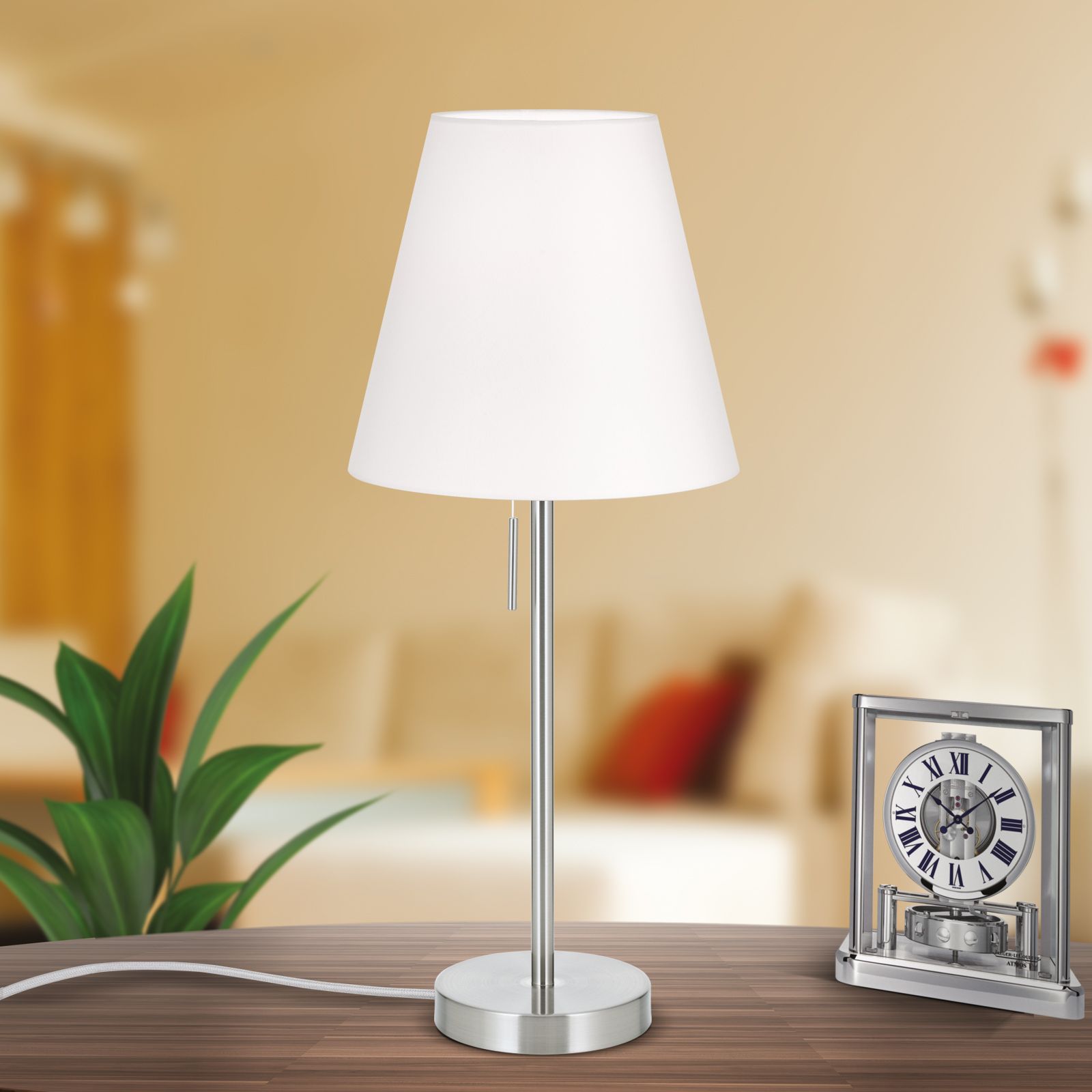 SHADE Table Lamp, small, satin chrome finish, with conic, white lampshade