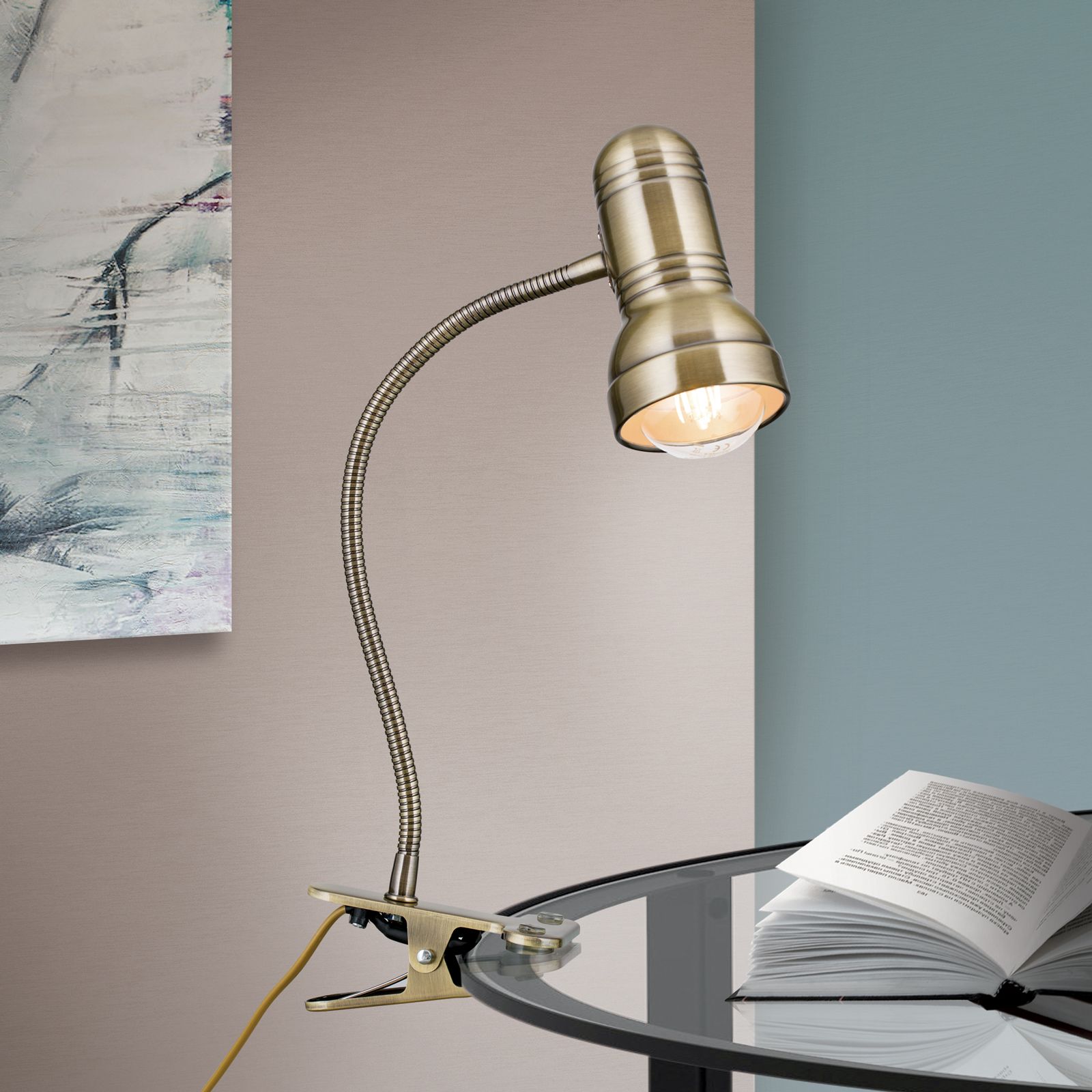 Clamp-on spotlight WILHELM, antique brass finish with gooseneck