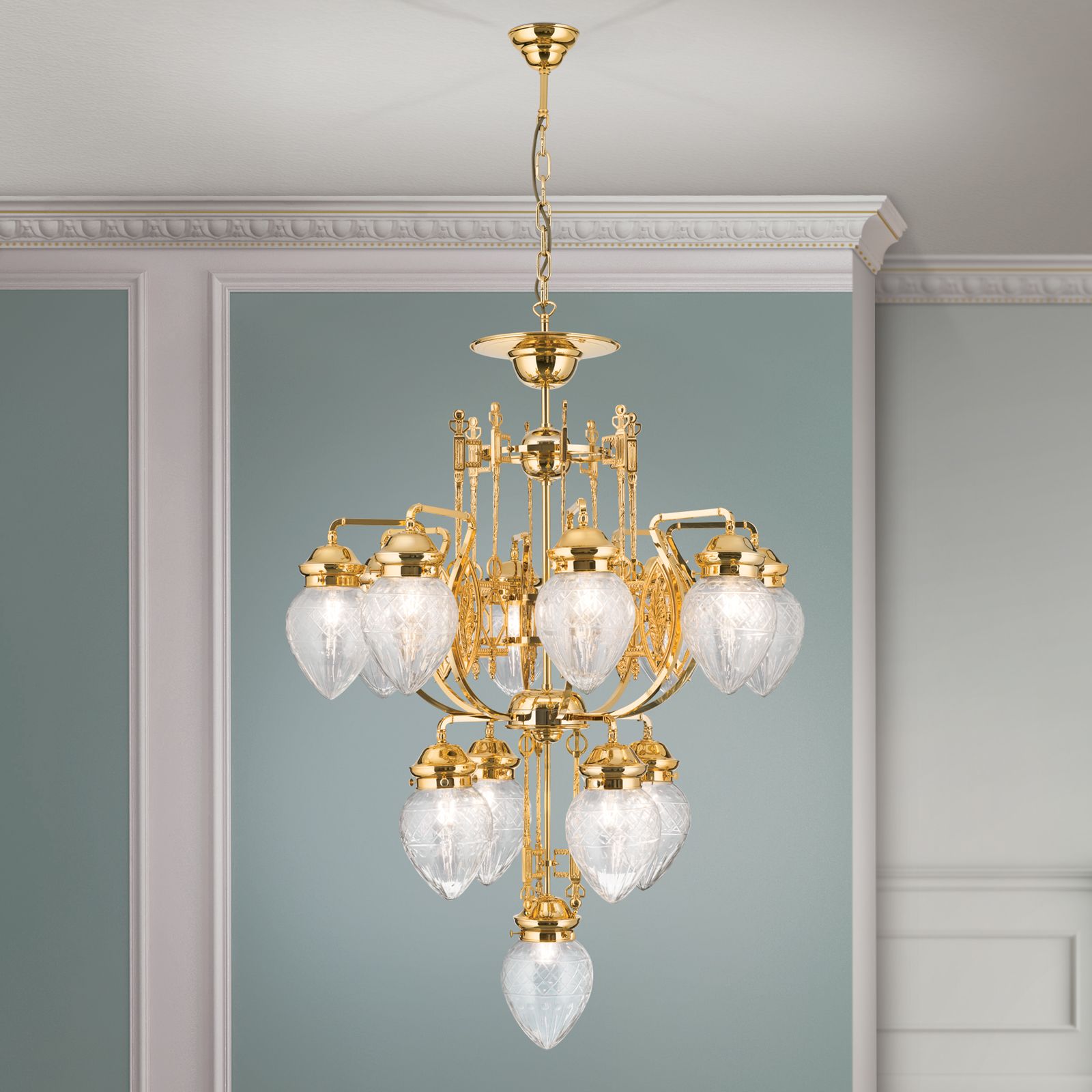Chandelier BUDAPEST, 13 lights in 24K gold plated finish with clear cut glasses