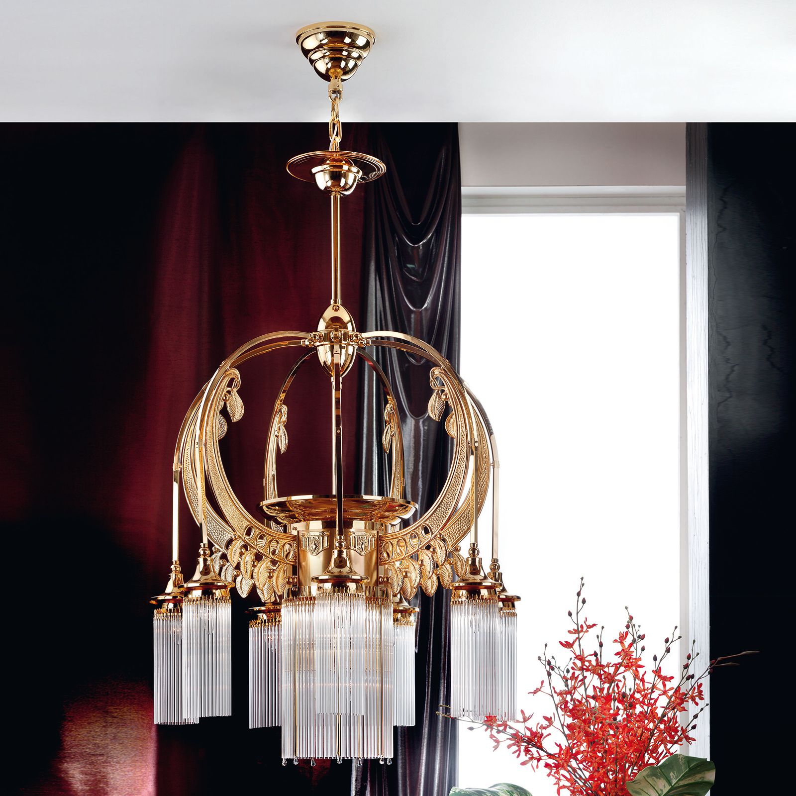Adele Chandelier, 8 lamps, 24K gold plated, with crystal glass sticks