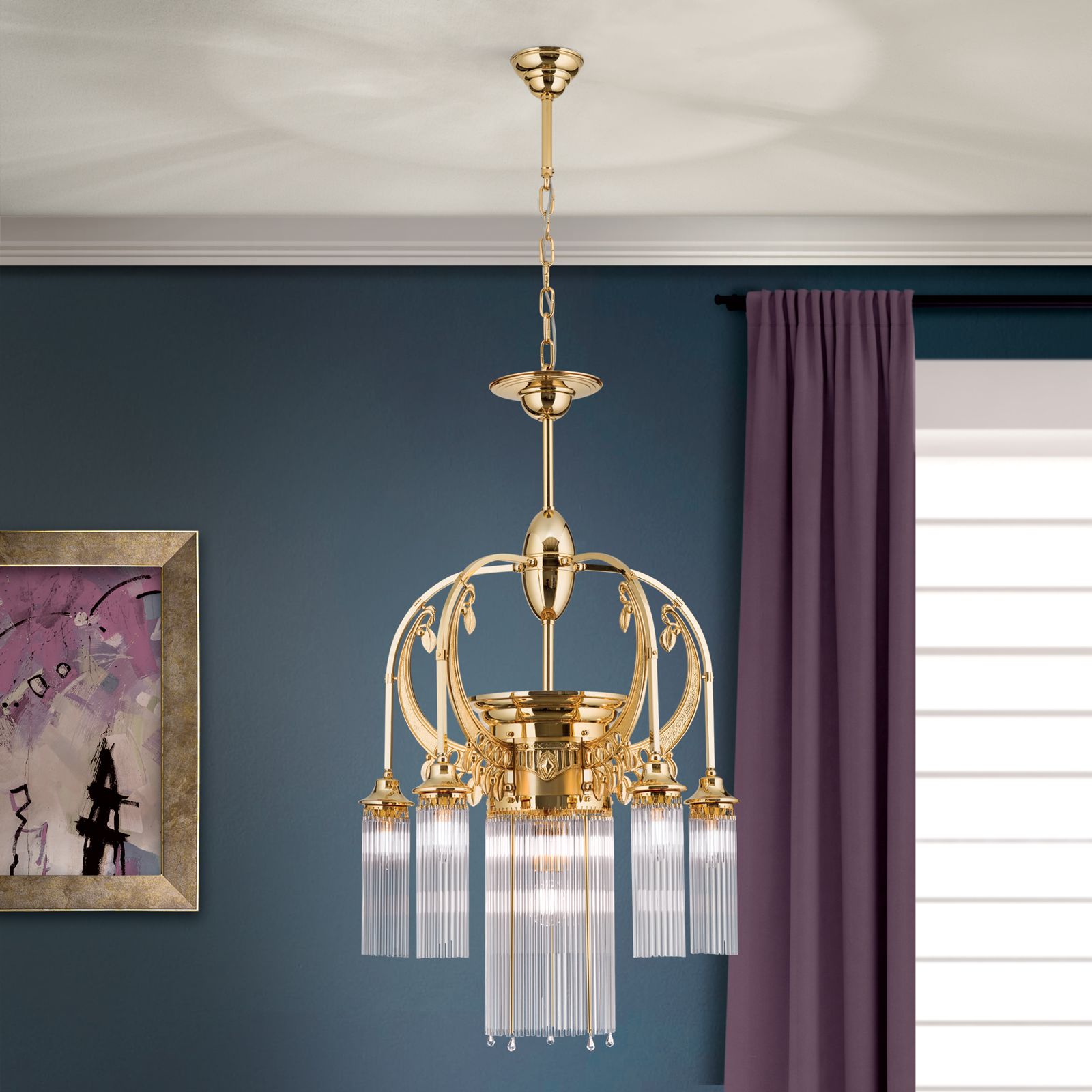 Adele Chandelier, 6 lamps, 24K gold plated, with crystal glass sticks
