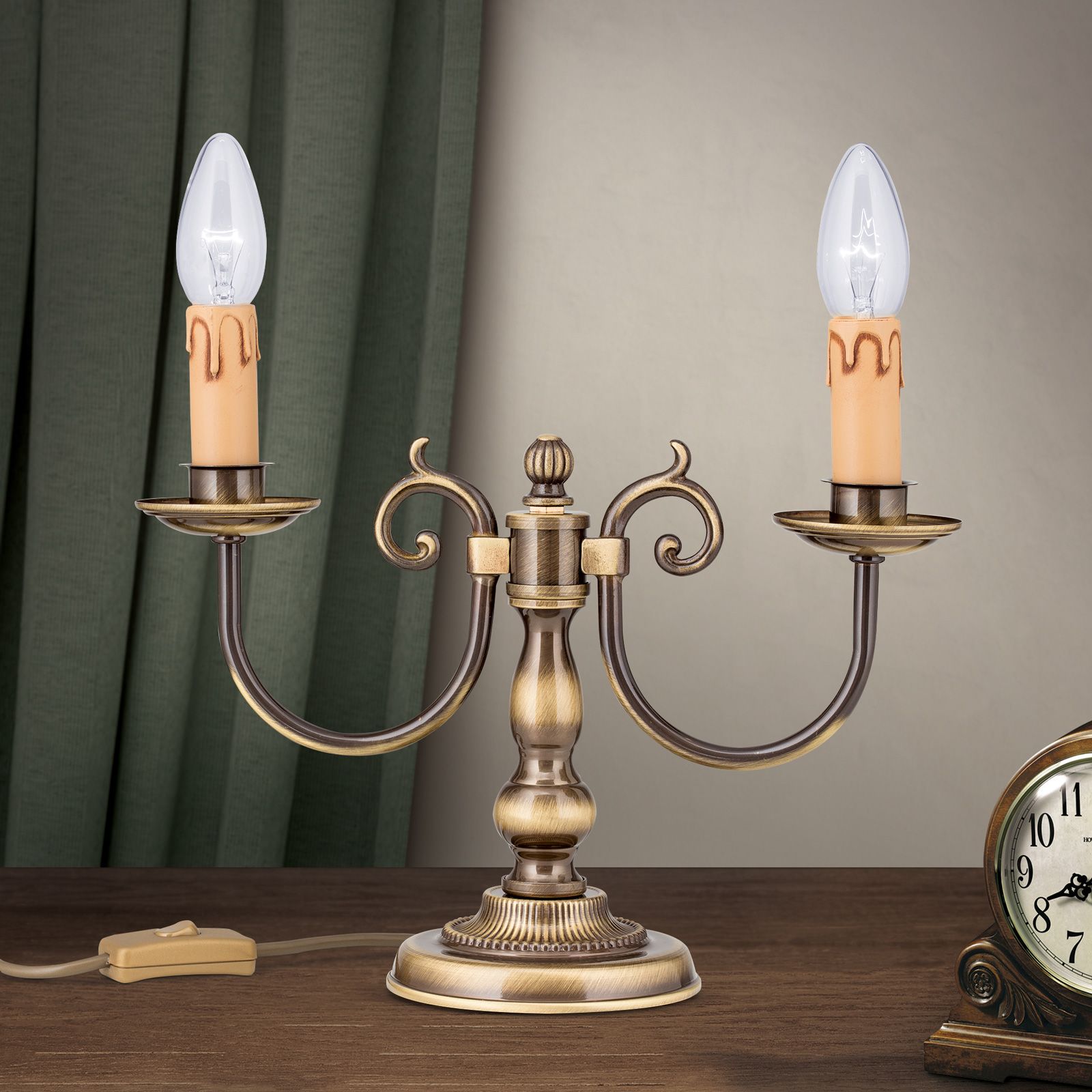 Tischlampe FLÄMISCH, 2-flammig, Patina, ohne Schirm