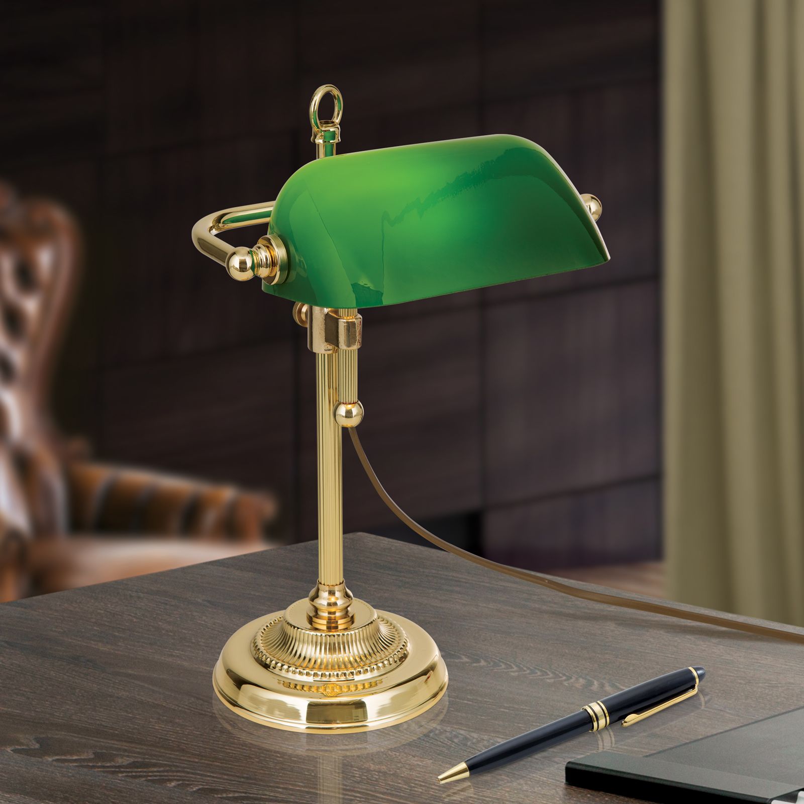 Bankerslamp HARVARD, Messing mit grünem Glasschirm, 32cm