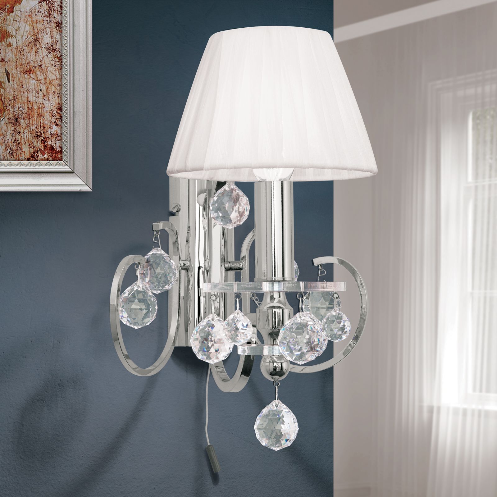 Kristalldesign crystal wall light, 1 lamp, chrome plated + white shade