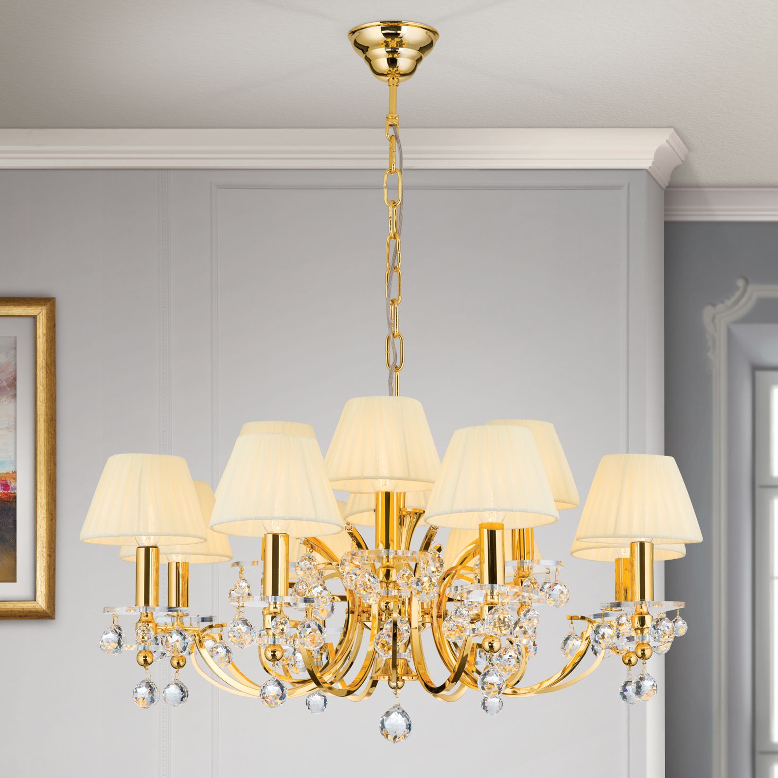 Chandelier KRISTALLDESIGN, 12-flames, gold with champagne-coloured shade