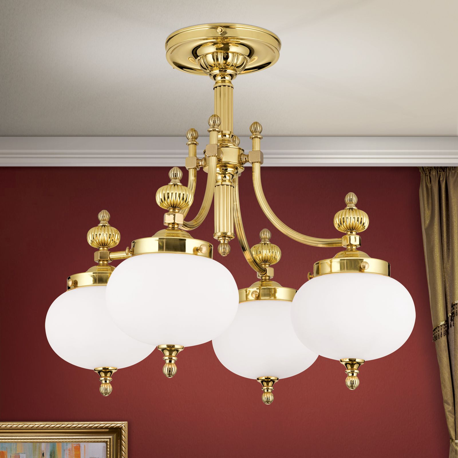 Ceiling chandelier WIENER NOSTALGIE, 4-flames, shiny brass, with opal matt glass