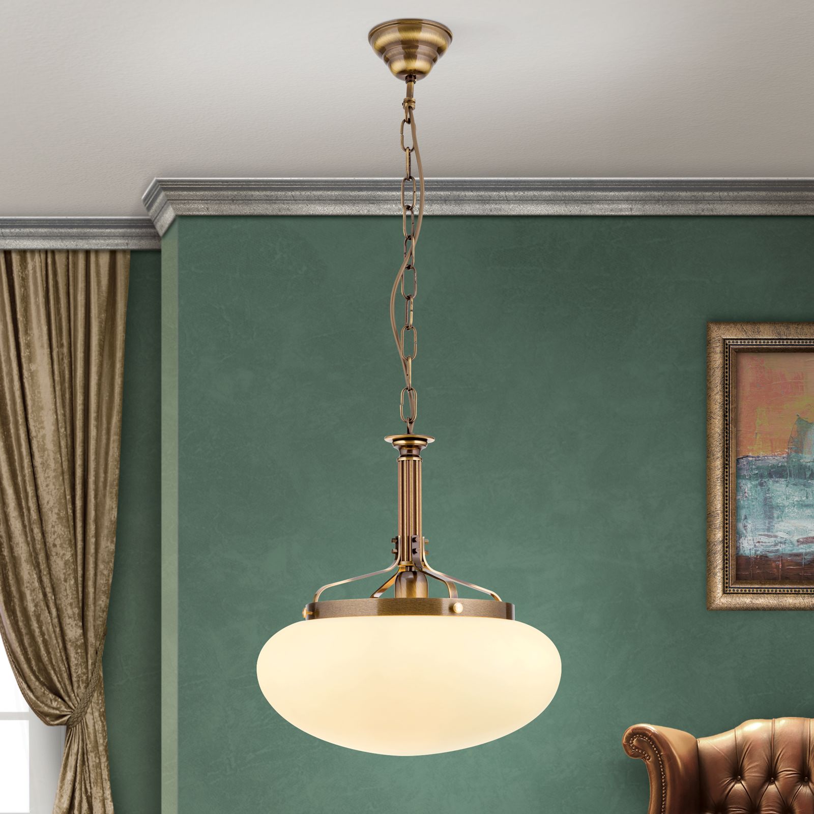 Hängeleuchte WIENER NOSTALGIE, Patina, mit champagne mattem Glas, 40cm