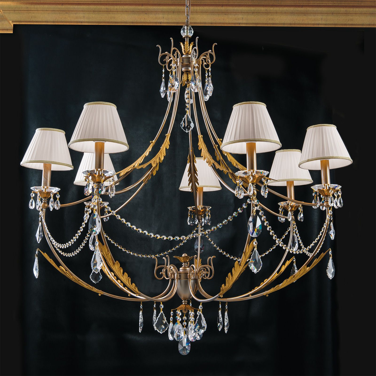 Chandelier MIRAMARE, 7-flames, silver gold, with organza white shades