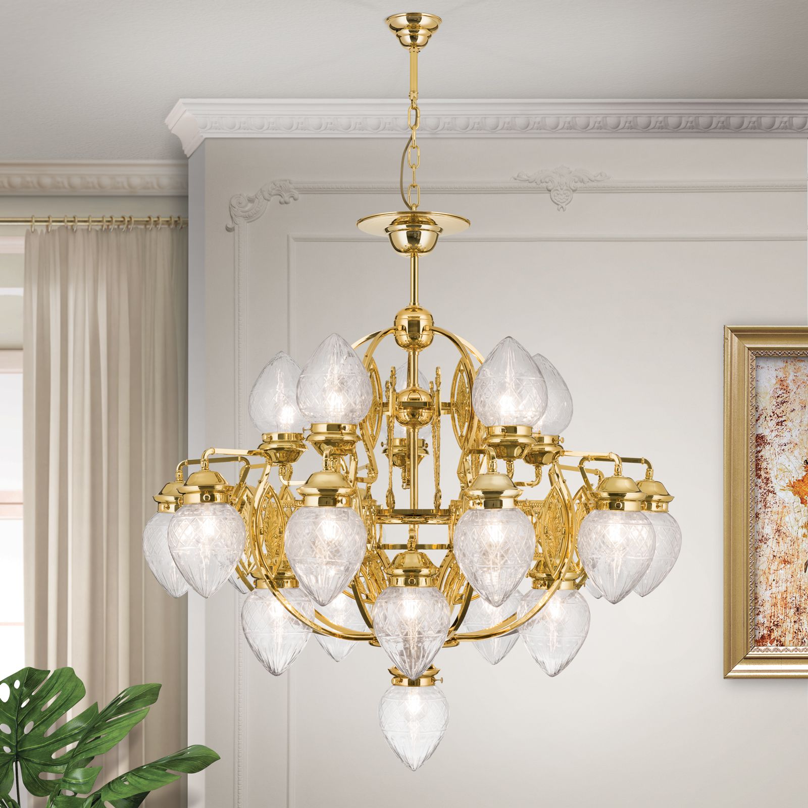 Chandelier BUDAPEST, 21 lights in 24K gold plated finish with clear cut glasses