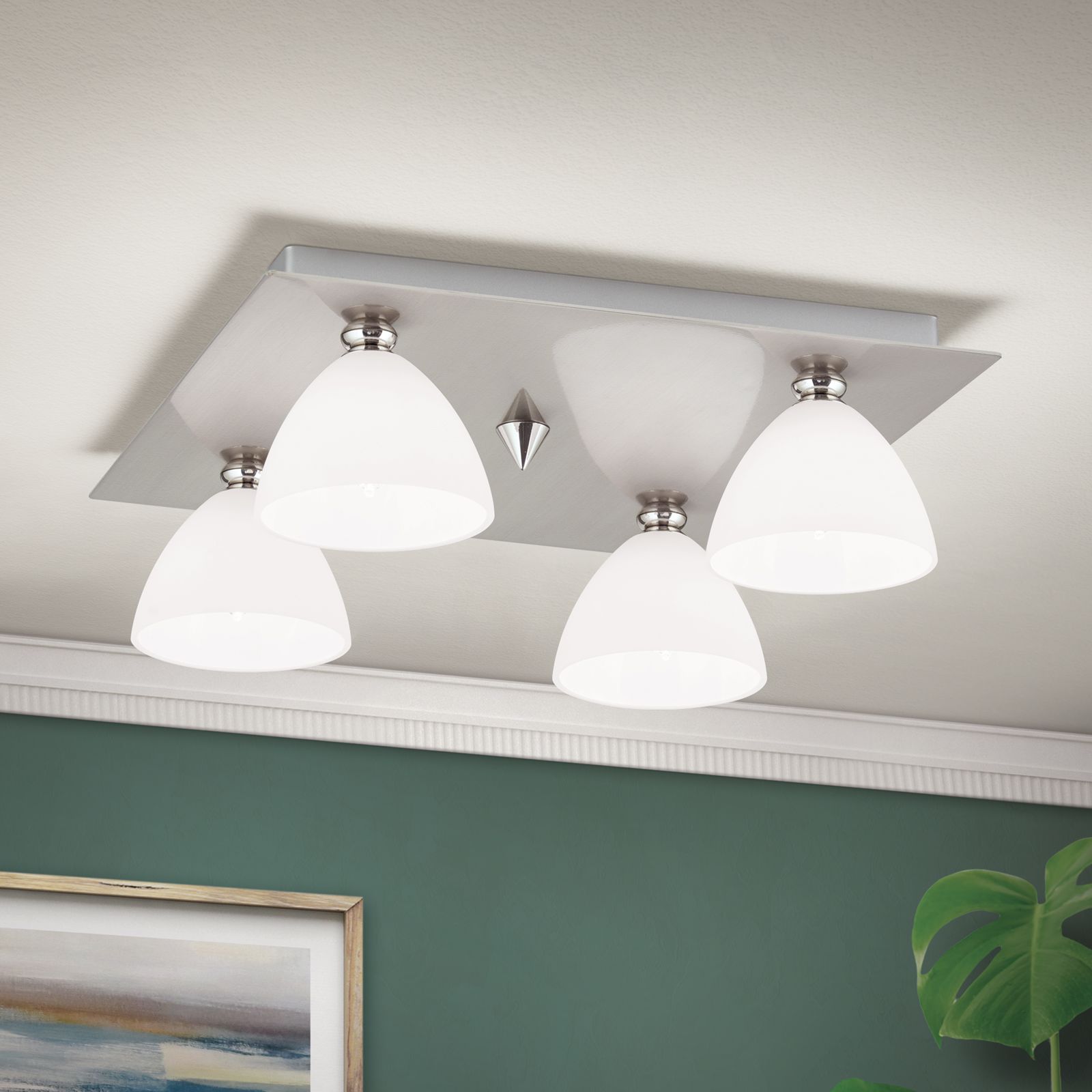 Ceiling light OPALDESIGN, 4 lamps, satin chrome with opal glasses