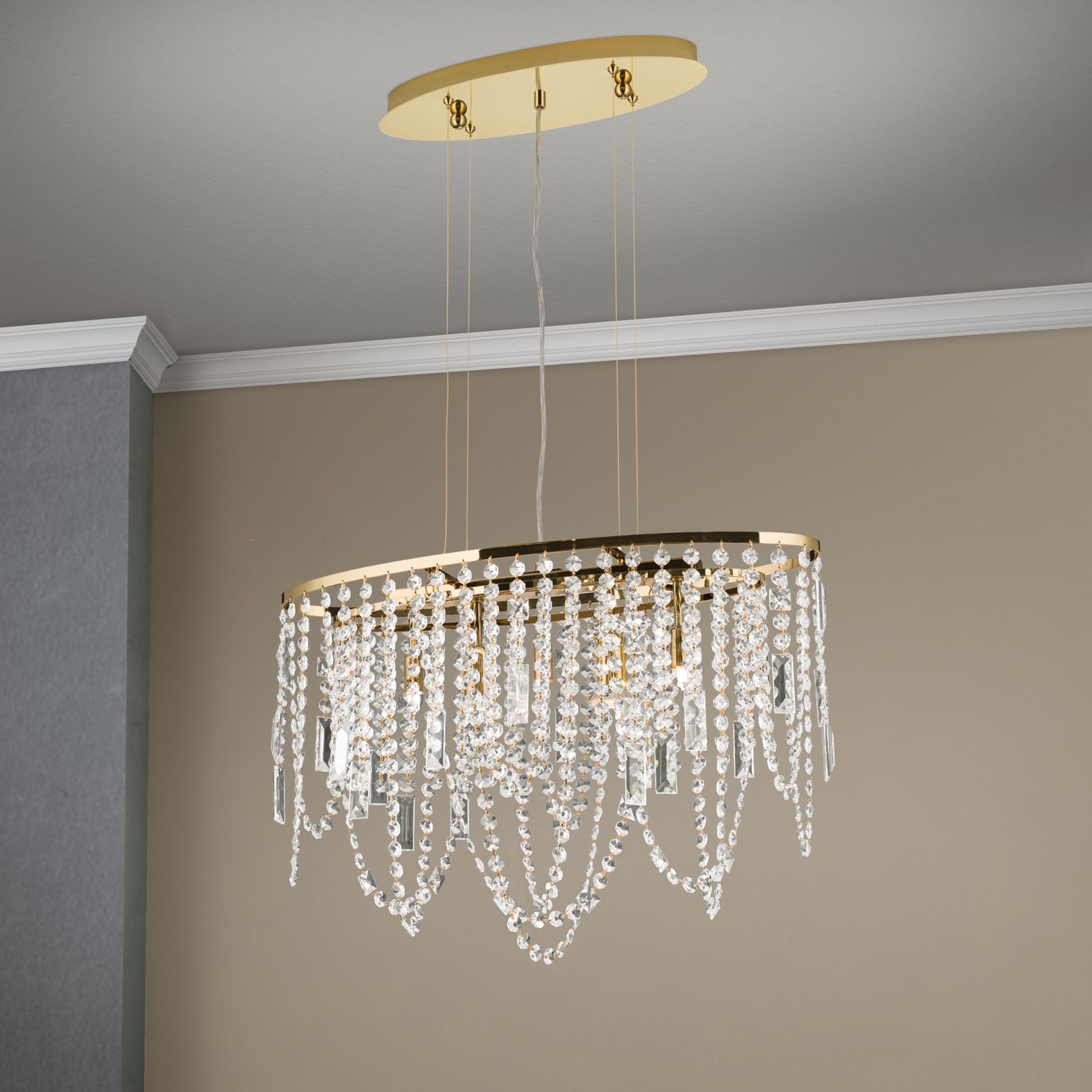 Ceiling chandelier KRISTALLDESIGN in oval shape, 60x25cm, 24K gold plated