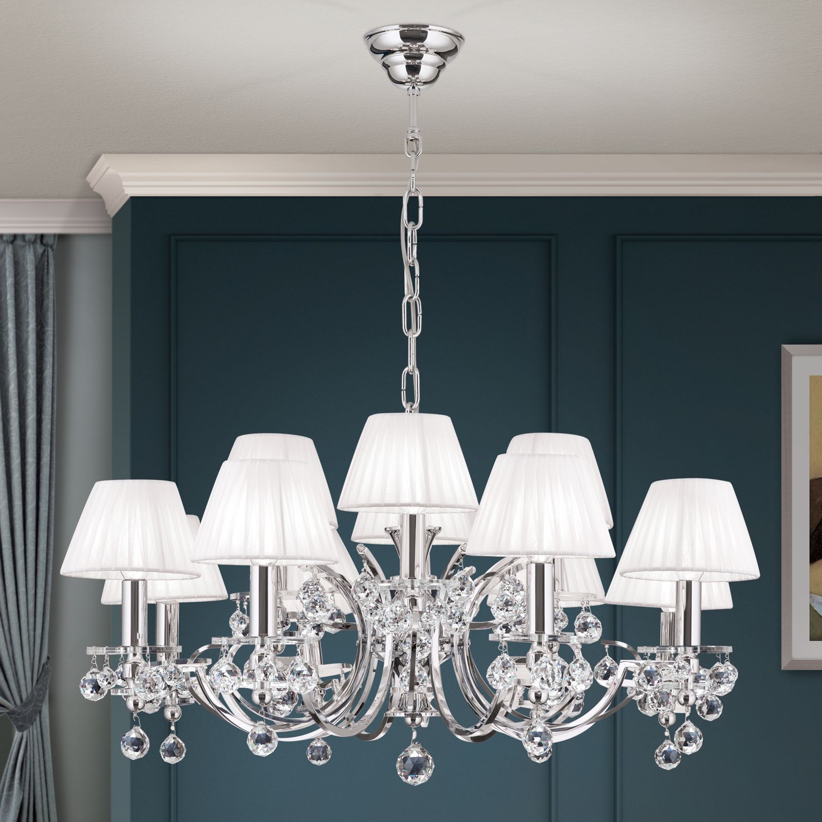 Kristalldesign crystal chandelier, 12 lamps, chrome plated with white shades