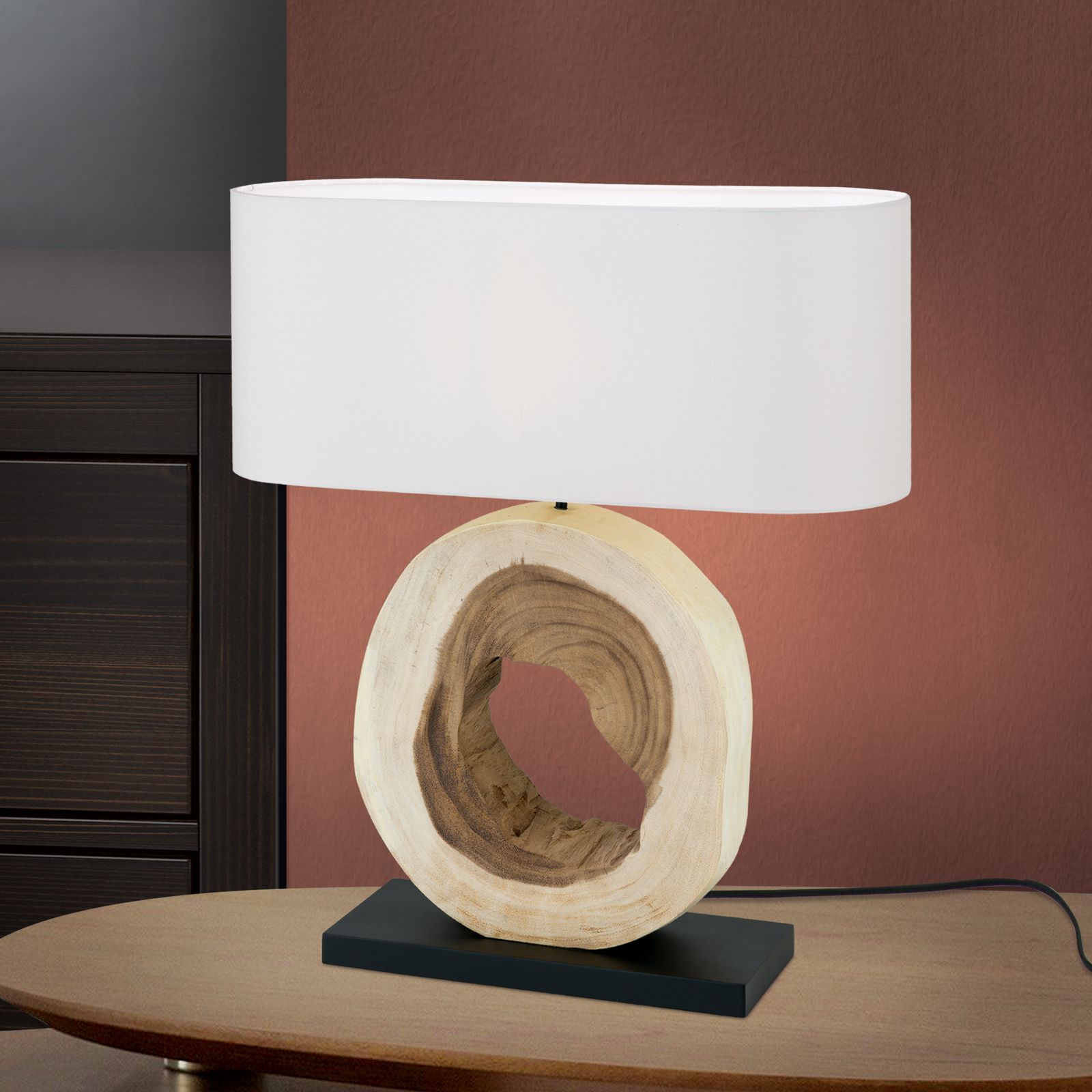 Table lamp NATHAN, natural wood with white fabric shade