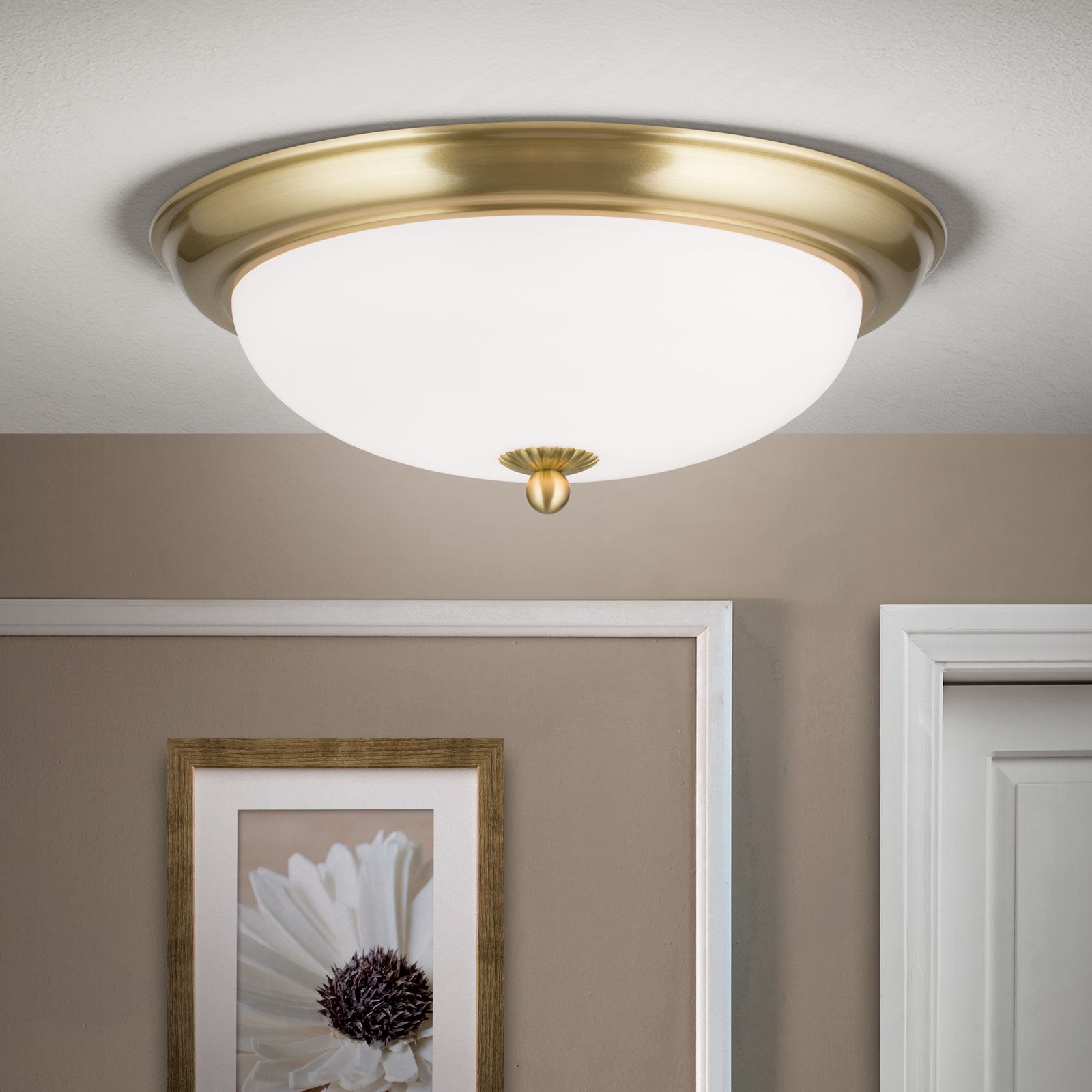 Ceiling light WIENER NOSTALGIE, 35cm, satin brass finish, matt opal glass
