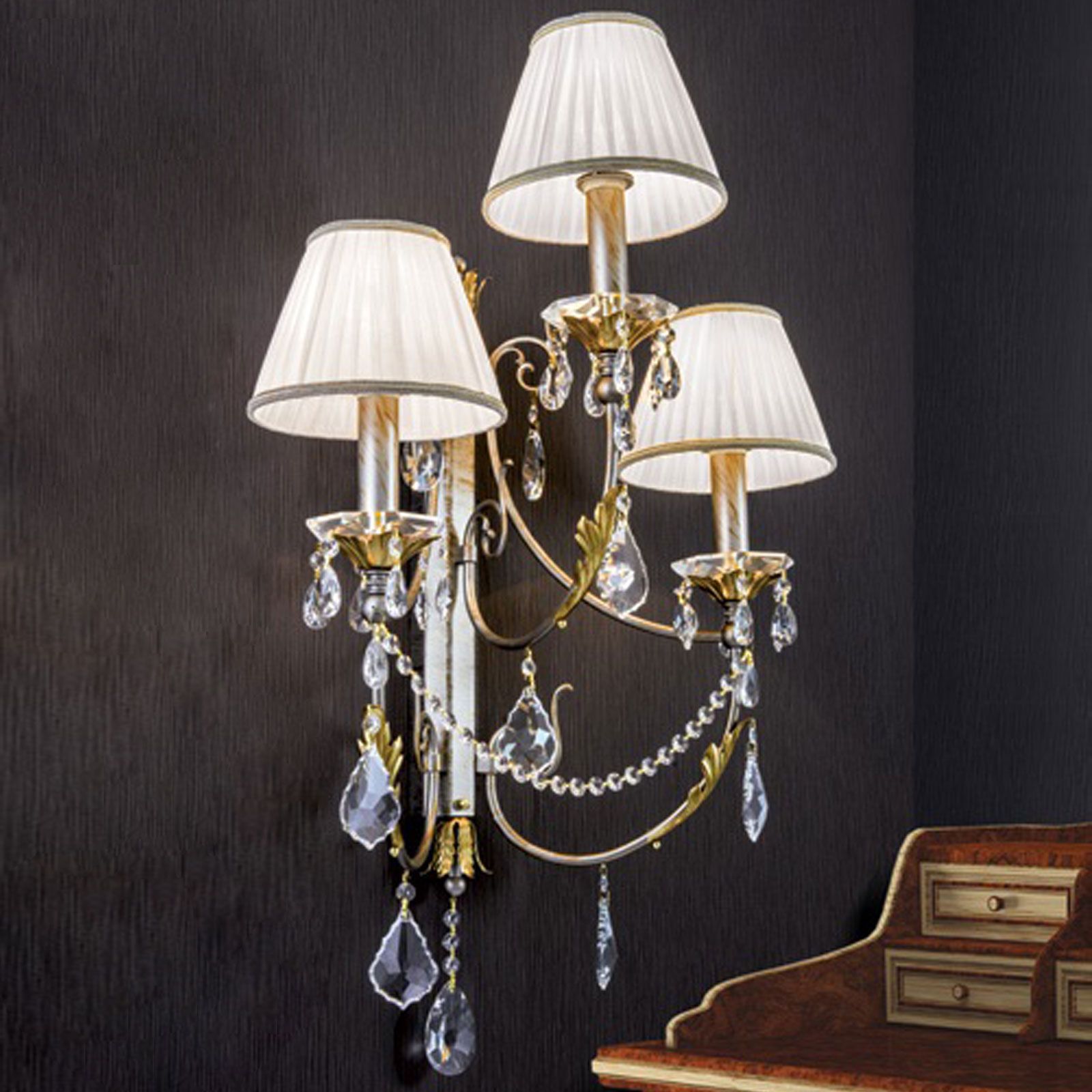 Wall light MIRAMARE, 3-flames, silver gold, with white organza shades