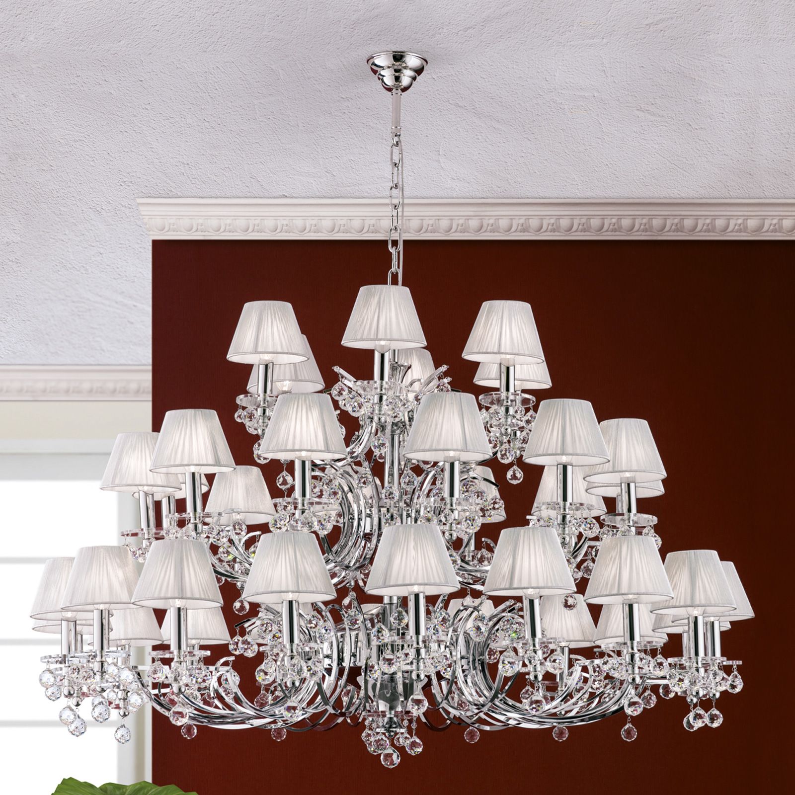 Kristalldesign Chandelier, 36 lamps, chrome plated with white shades
