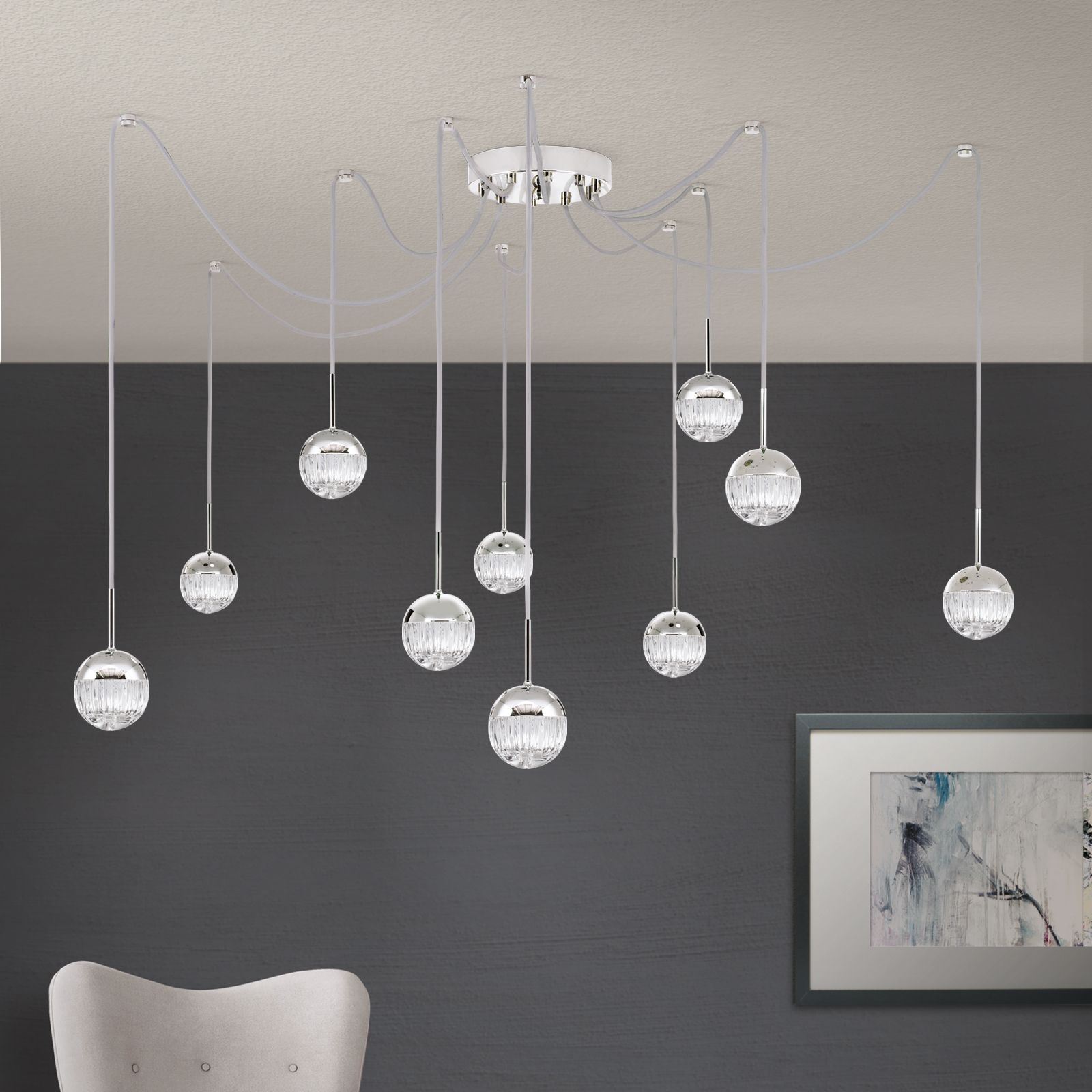 Cluster light BALL, 10-flames, nickel, with clear crystal glass in line cut