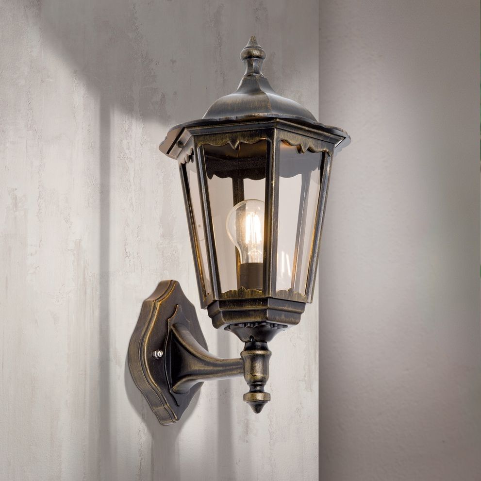 Garden Wall Light PUCHBERG upwards, black/gold finish