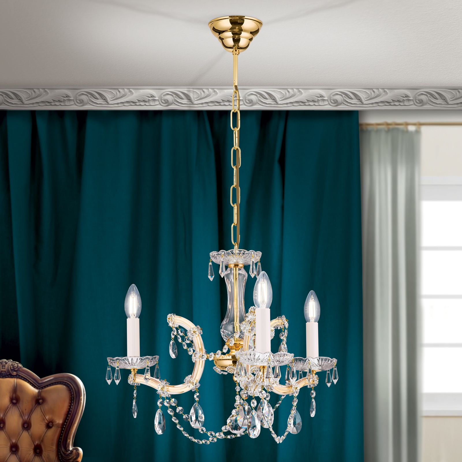 Chandelier MARIA THERESIA, 3-flames, gold