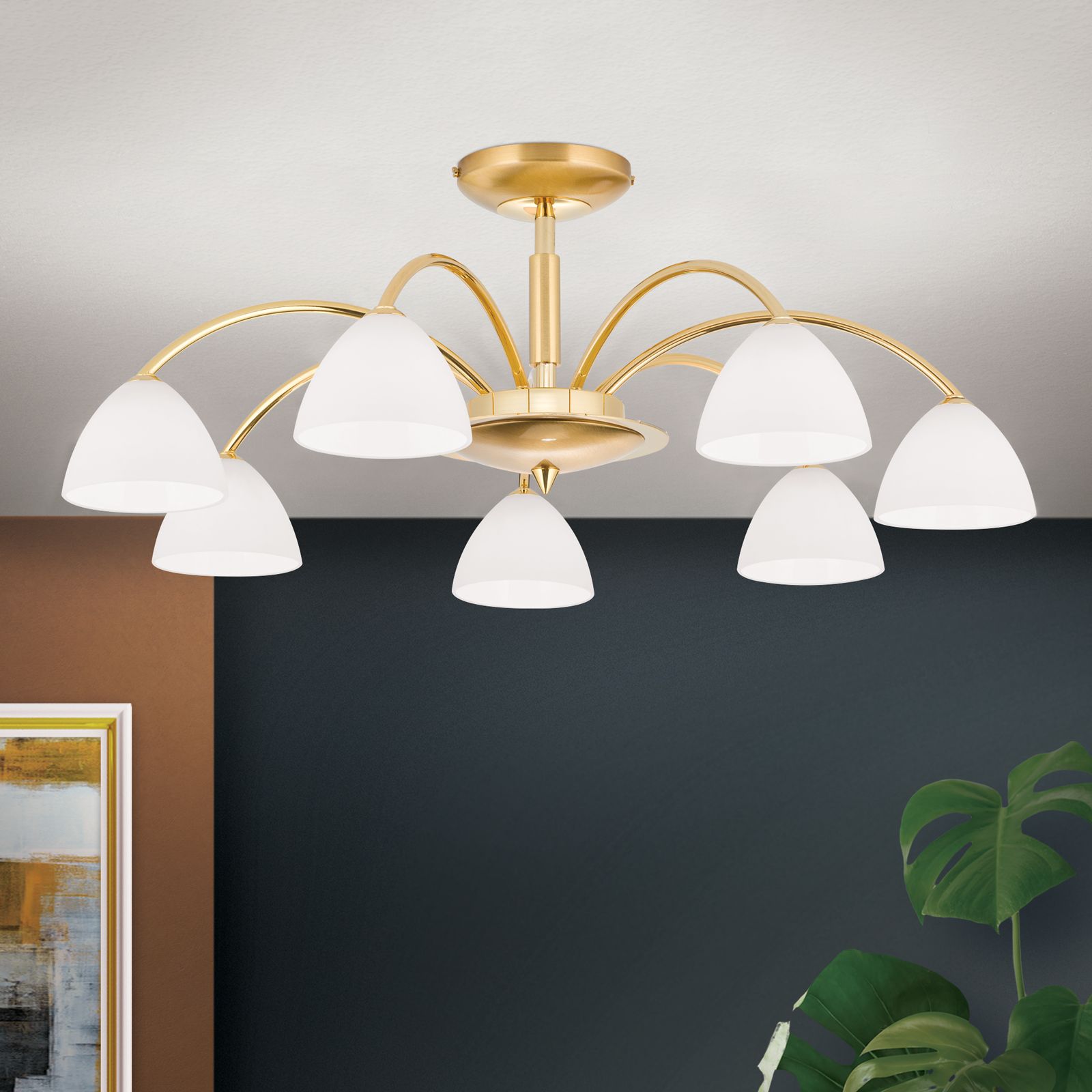 Ceiling chandelier OPALDESIGN, 7-flames, gold, with opal glass