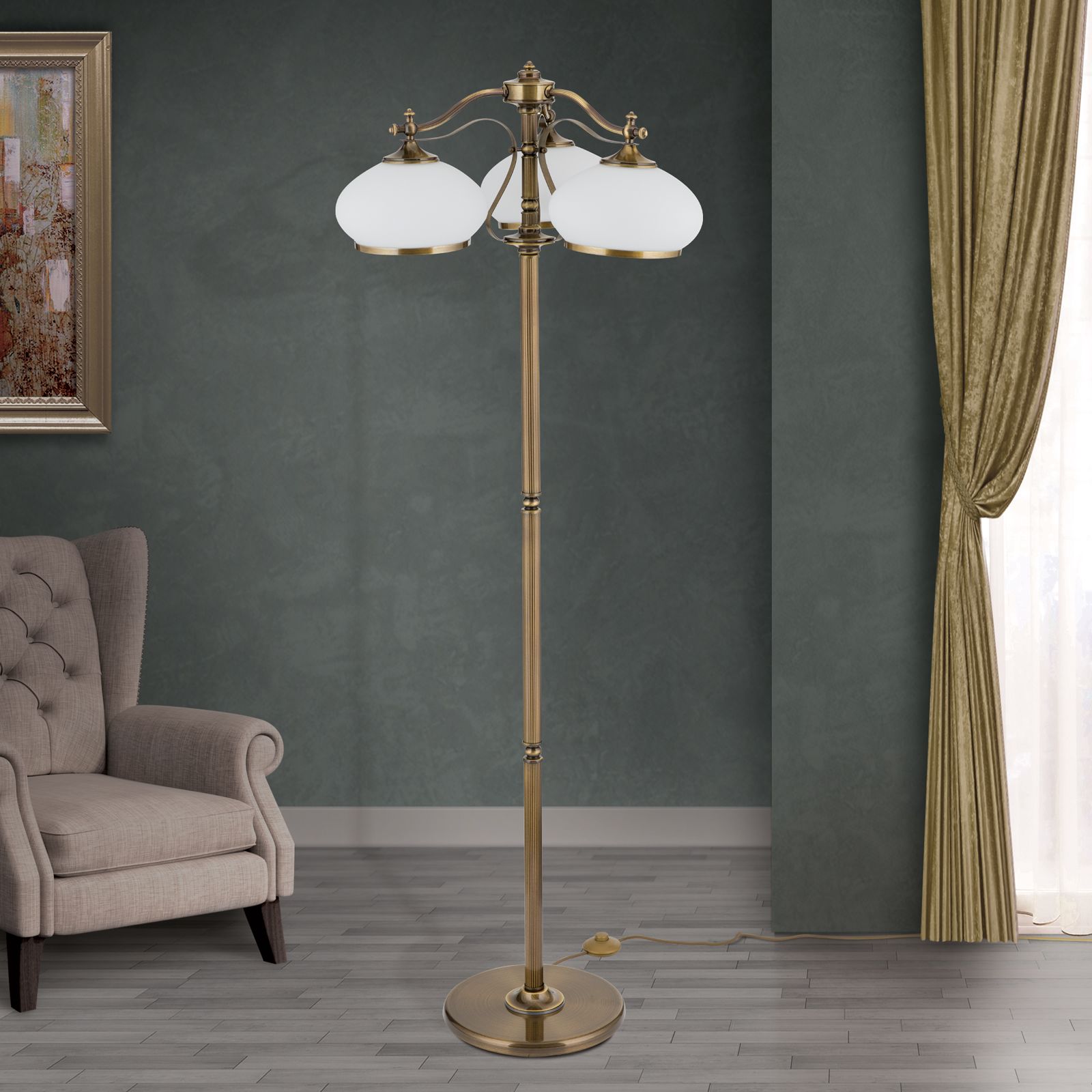 Empire floor lamp, with 3 opal glass shades, antique brass finish