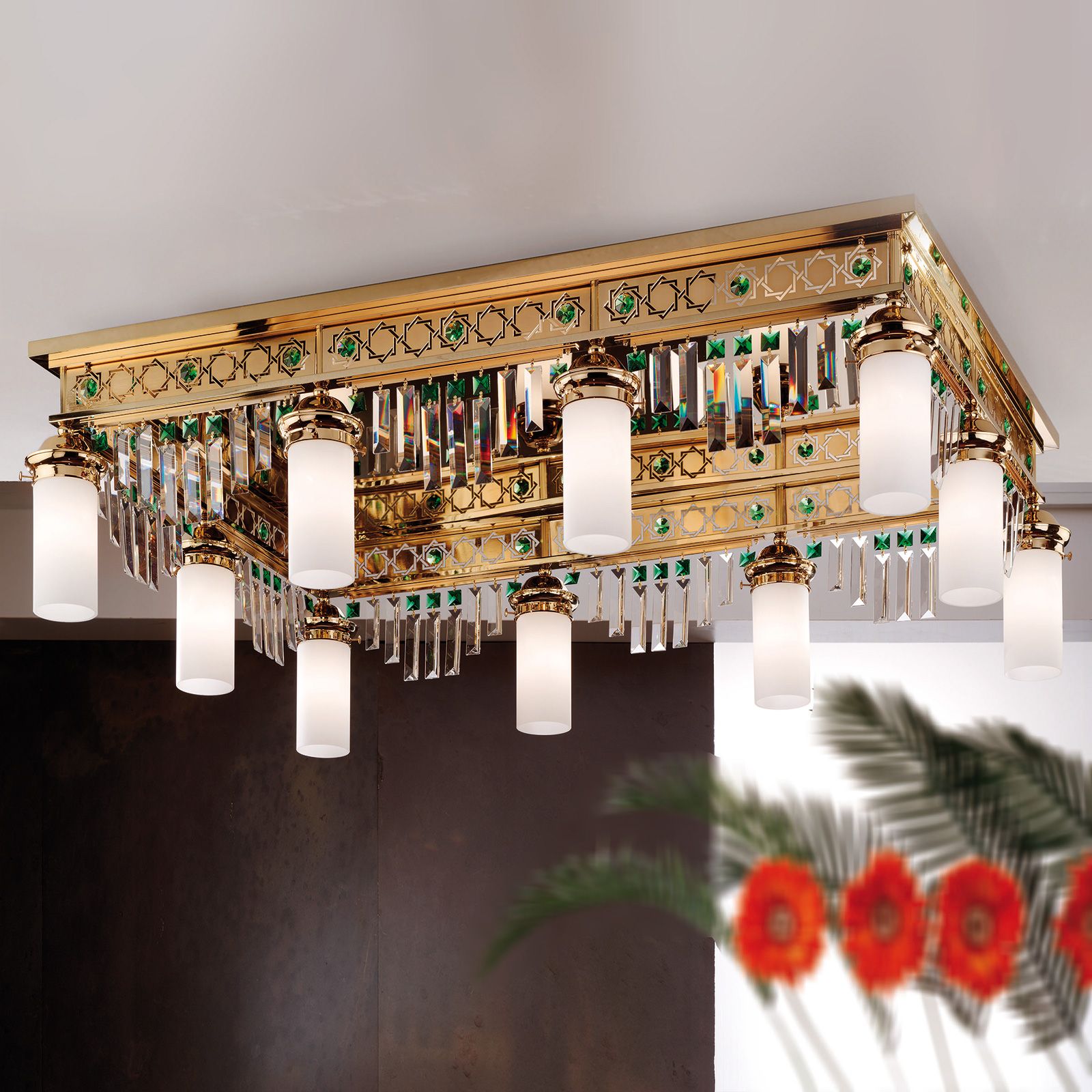 Deckenluster ORIONtal, 10-flammig, Gold, mit grünen Kristallprismen