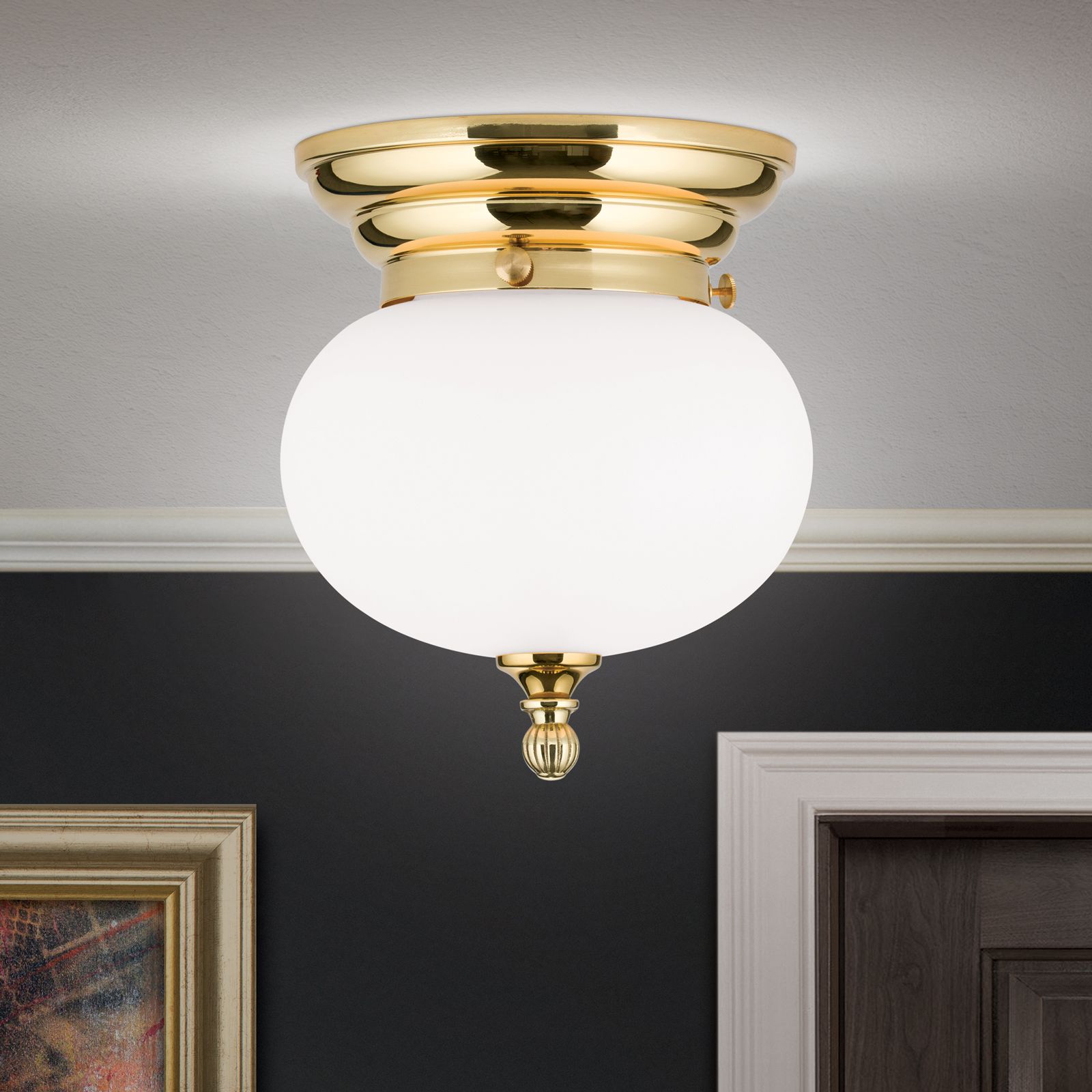 Ceiling light WIENER NOSTALGIE, shiny brass, opal matt glass, with knob, 18cm