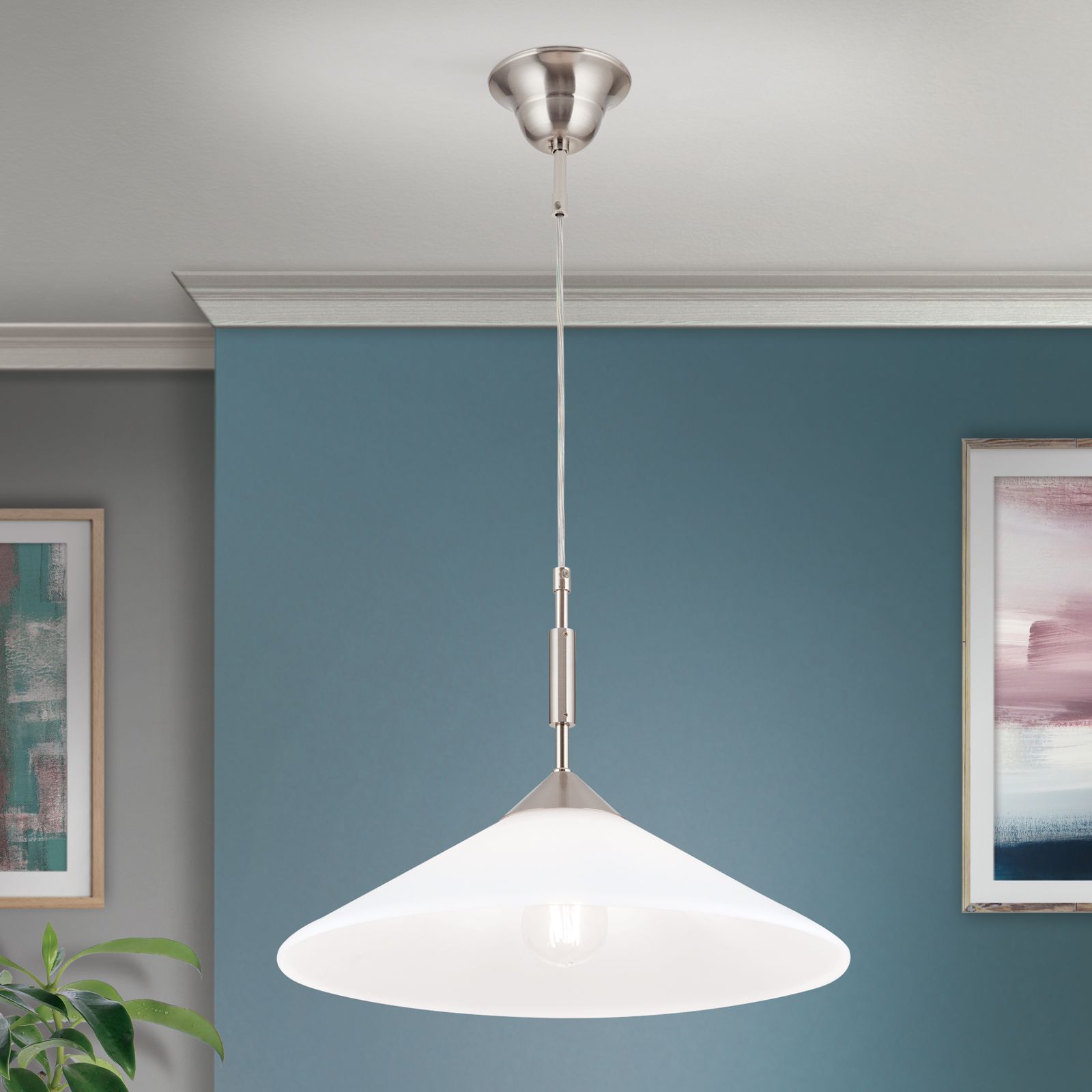 ARTDESIGN single pendant lamp, satin chrome finish & opal glass shade, dia 40cm