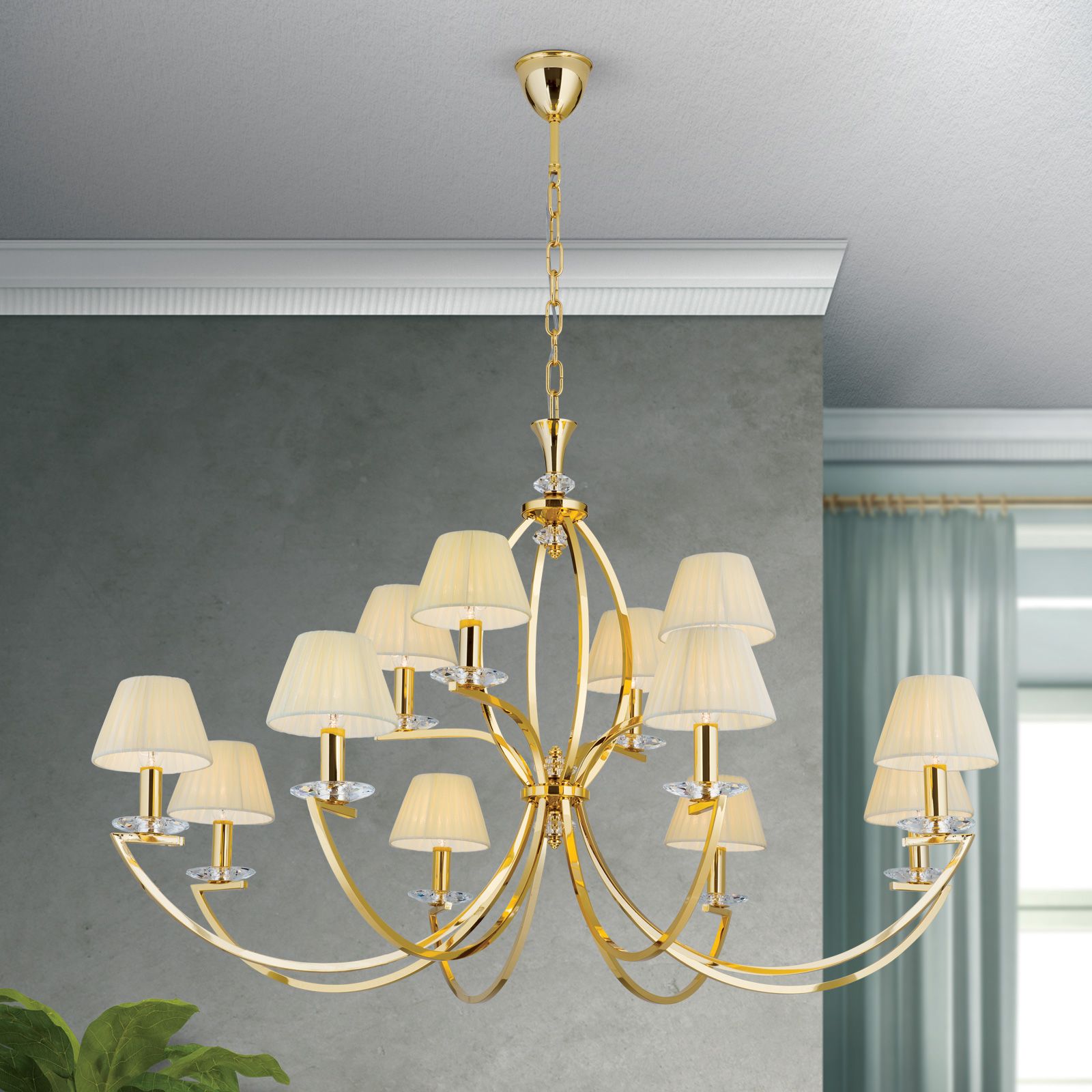 Avala Chandelier, 12 lamps, 24K gold plated and champagne shades