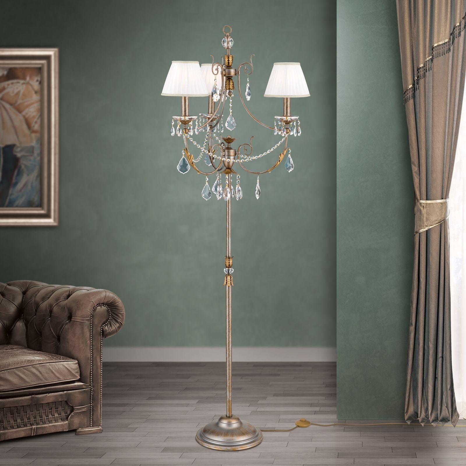 Floor lamp MIRAMARE, silver-gold finish, 3 lamps, with white organza shades