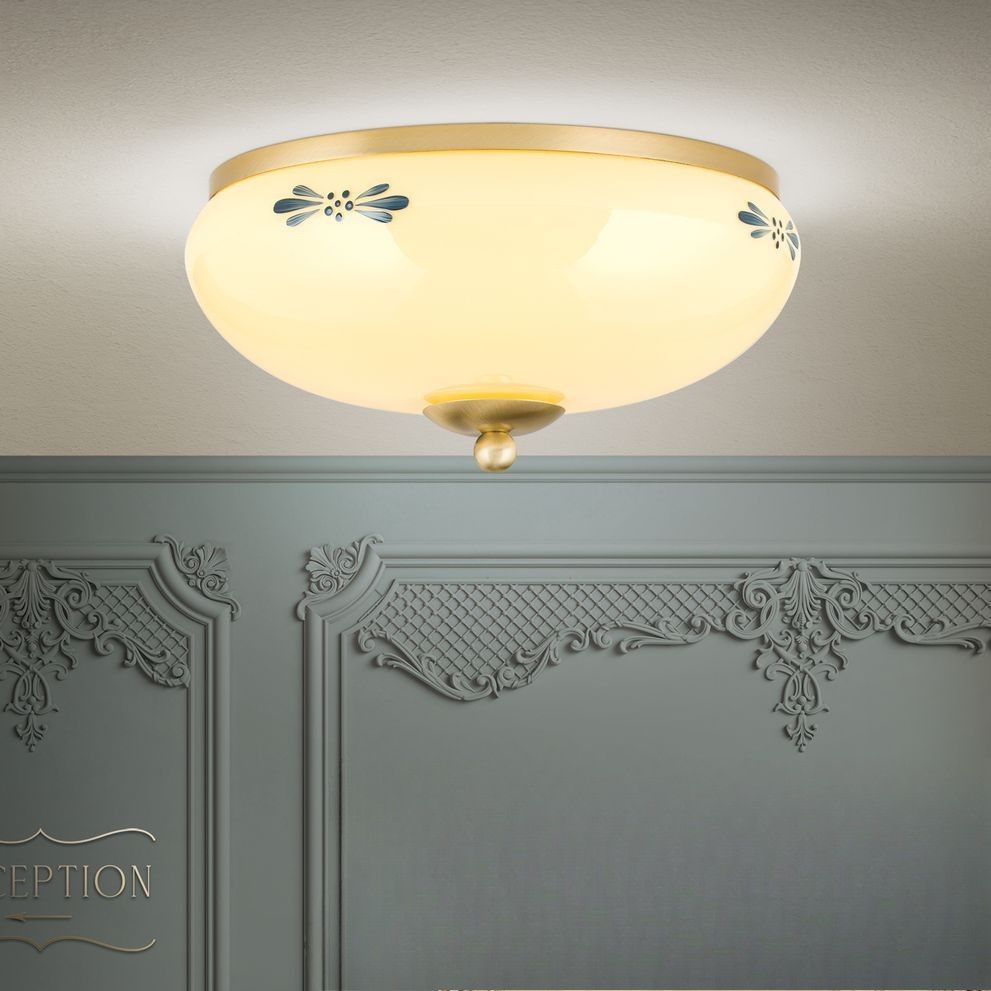 Ceiling light LANDHAUS, brass, with blue decoration, with knob, Ø 28cm