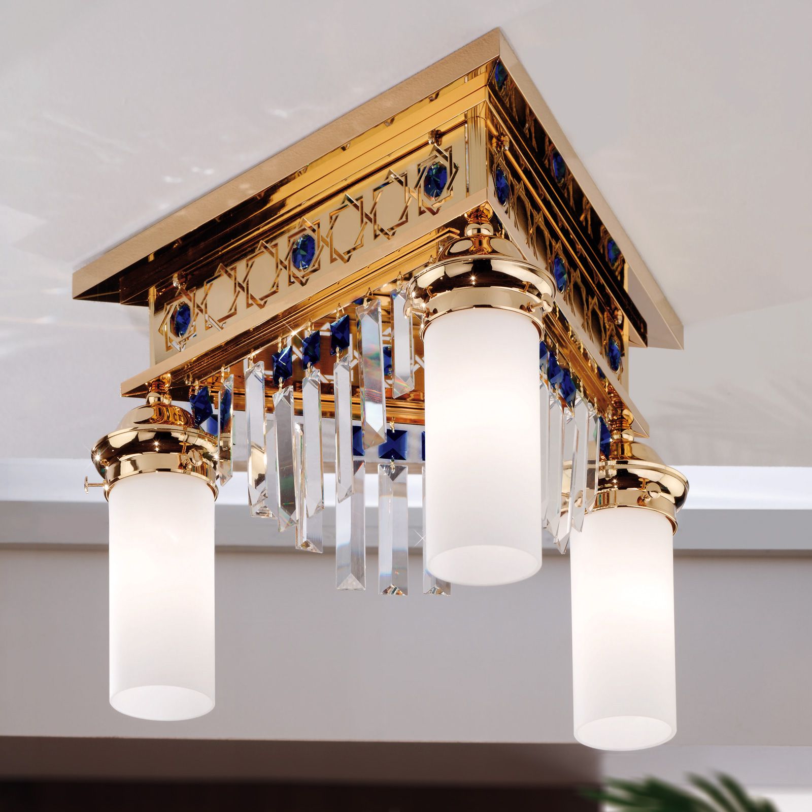 Deckenluster ORIONtal, 3-flammig, Gold, mit blauen Kristallprismen