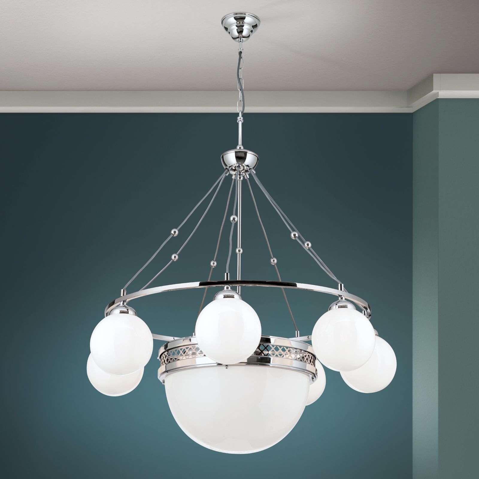 Pendelleuchte ALT WIEN, 7+1-flammig, Nickel, mit opal glänzenden Gläsern
