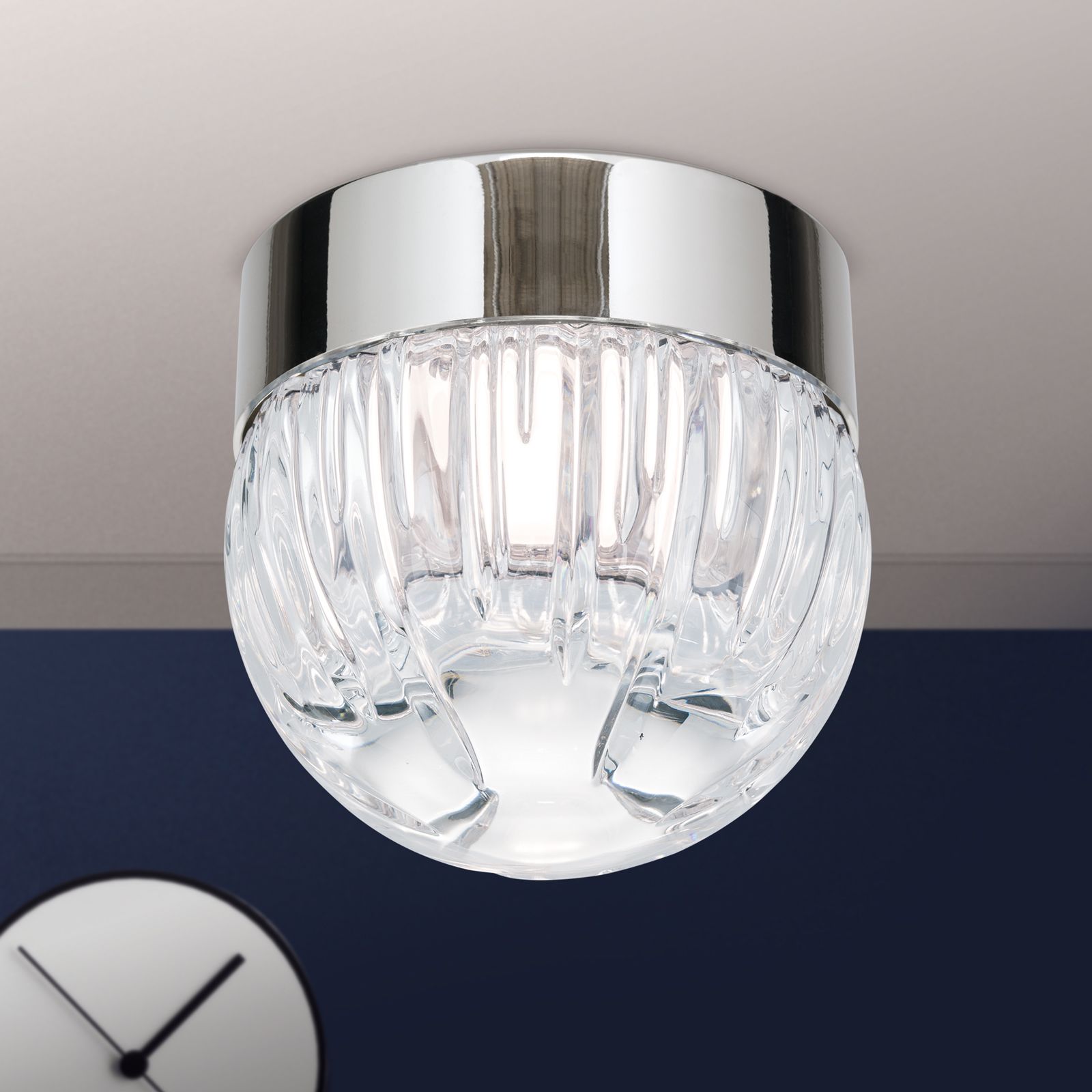 Kleine Deckenleuchte BALL, nickel, mit klarem Kristallglas in Linienschliff